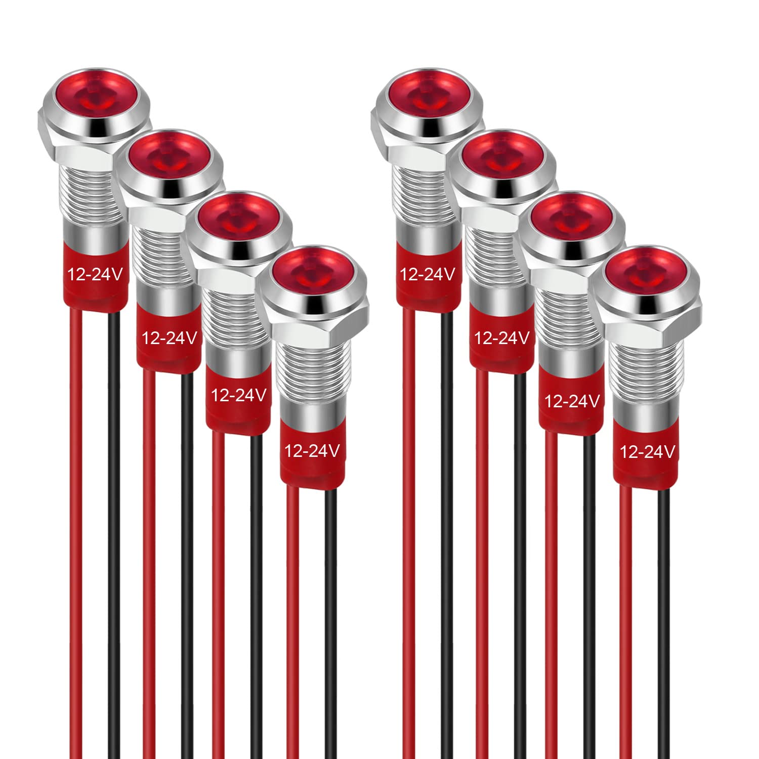 GUUZI 6mm Indicatore LED 12-24V Indicatore Luminoso Impermeabile Pannello in Metallo Indicatore LED Indicatore Luminoso Montaggio a Pannello Testa Piatta con Fili Guscio Argento (Rosso, 8 Pezzi)