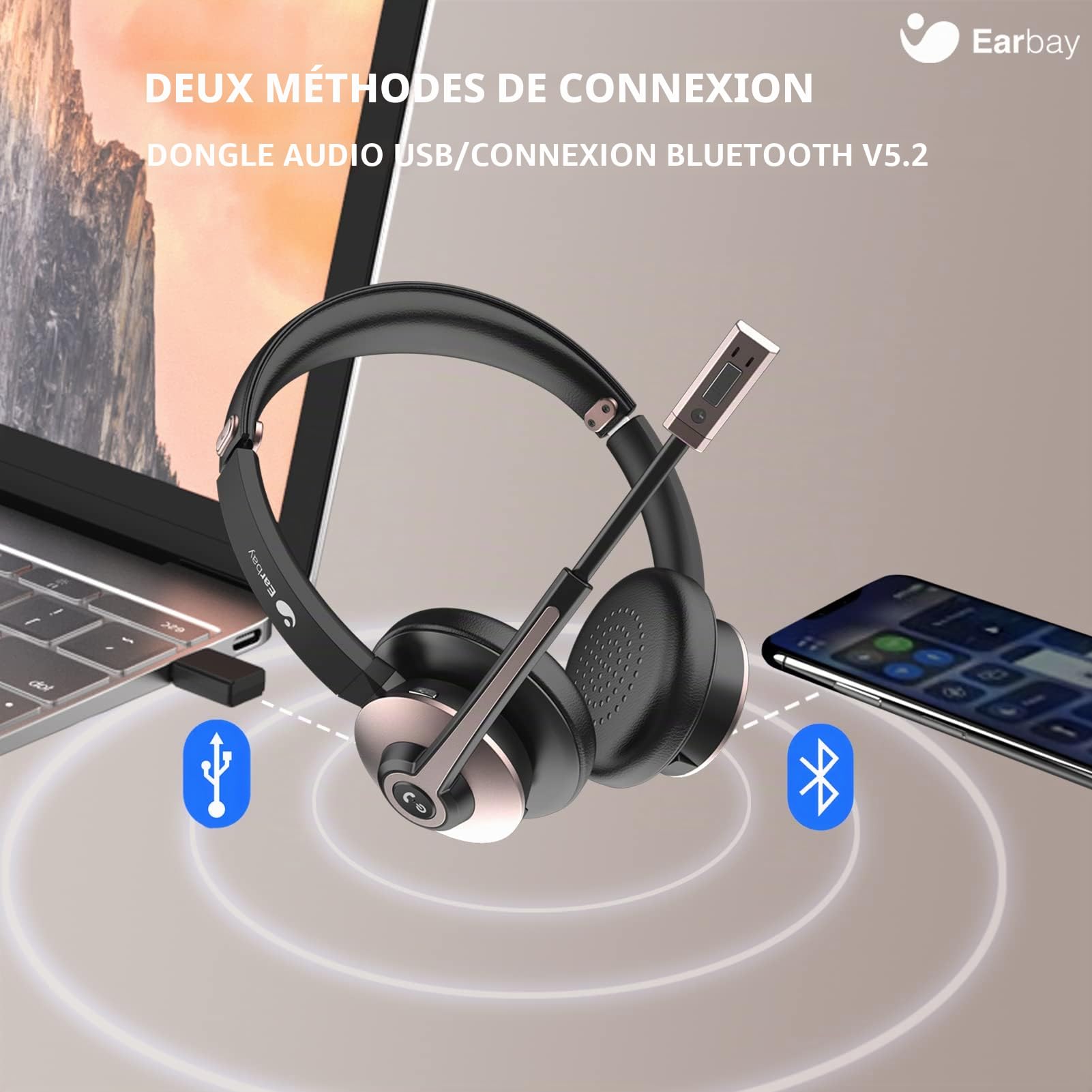 Casque Bluetooth sans fil avec microphone antibruit, casque supra-auriculaire avec clé USB et bouton muet, 26 heures de temps de conversation pour PC/bureau/zoom/Skype Or rose