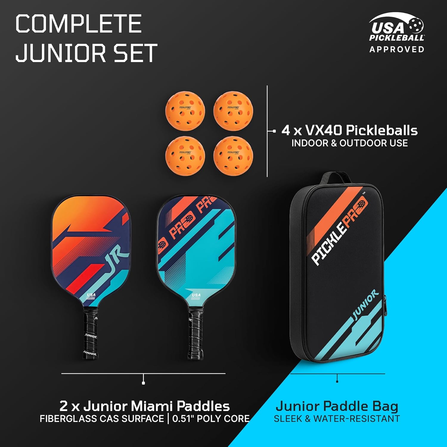 PicklePro Junior - Lab Tested 6+ Pickleball Paddles Set with 2 Junior Paddles, 4 Balls & Bag -USAP Approved Fiberglass Face, Cushioned Grip - Complete Beginner Kit