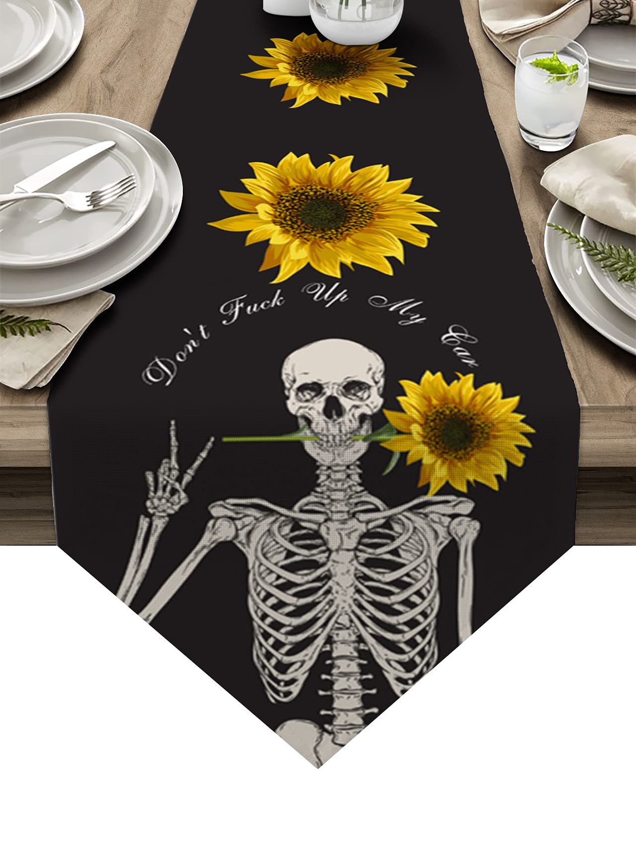 Edwiinsa Cotton and Linen Triangle Table Runners 72 Inches Long, Skull Skeleton Biting Sunflowers Dresser Scarves Table Decoration for Wedding Party/Graduation Ceremony/Banquet (18x72 inch)