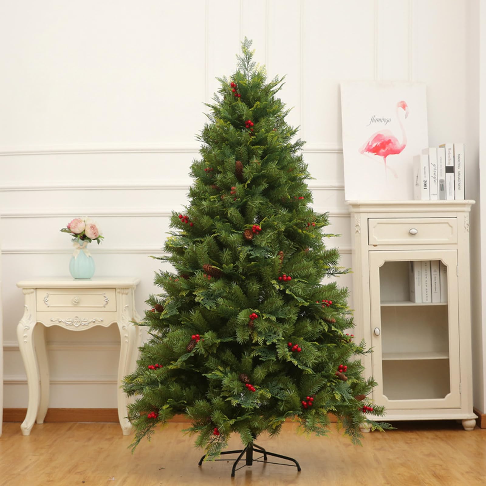 Albero Natale Artificiale, Albero Natale Incernierato in Abete Rosso Misto, Facile Montare Con Supporto in Metallo, Decorazione Natalizia Per Interni Ed Esterni Con PVC+PE+Pigna+Frutta Rossa,4ft