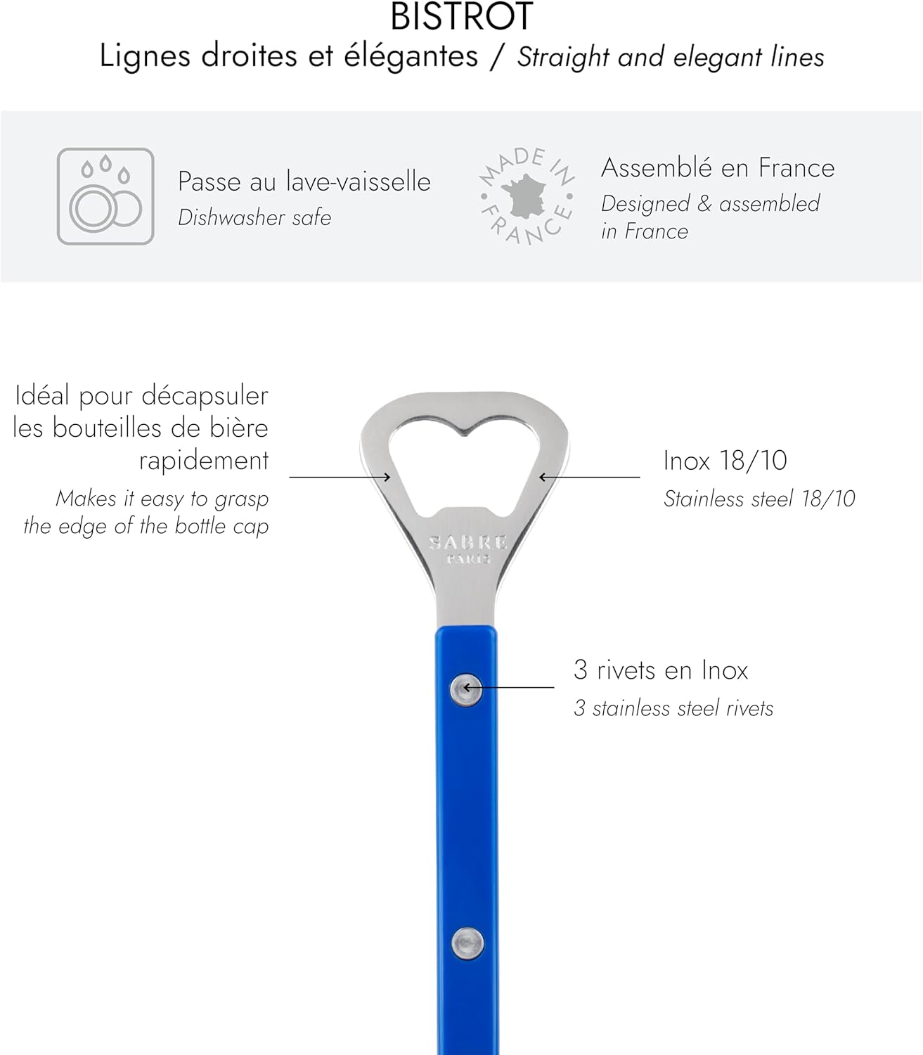 Sabre Paris - Bottle Opener 6.5 inches - Bistrot Collection - Perfect for Opening Beer Bottles - Stainless Steel & Nylon - Dishwasher Safe - Lapis Blue - Brilliant Finish