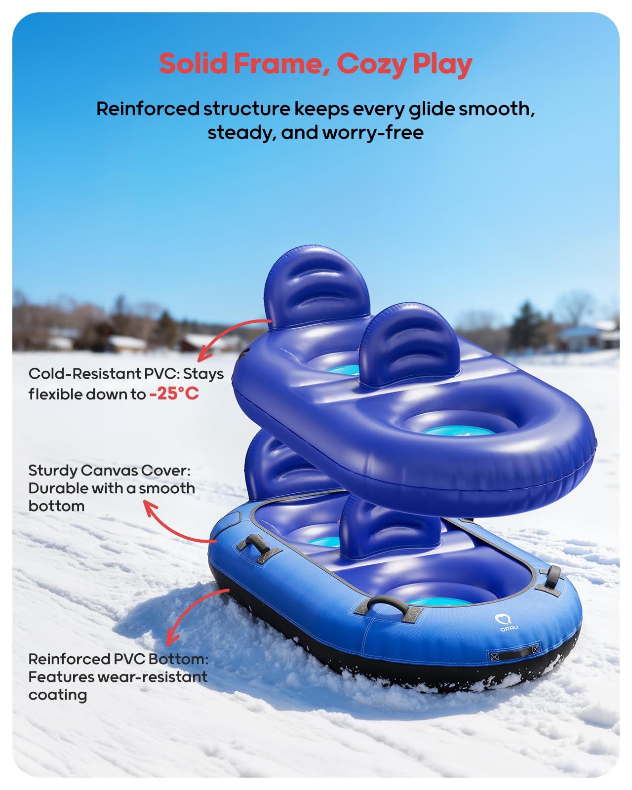 Neumático de nieve inflable para niños y adultos con dos respaldos y cuerda de tracción, asas, válvulas de soplado rápido (azul)