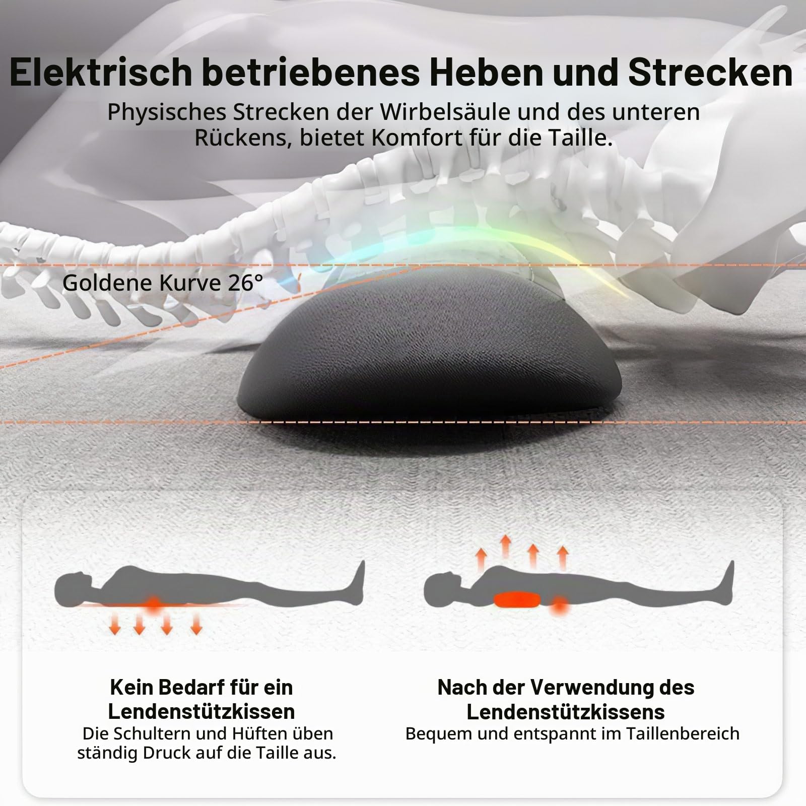 3-in-1 Lendenwirbelstützkissen mit Massage & Wärme, Memory Foam Lordosestütze für Bett & Bürostuhl - Vibrationsmassage, Wärmetherapie & Traktion - Orthopädisches Rückenkissen für Schlaf & Reise (B)