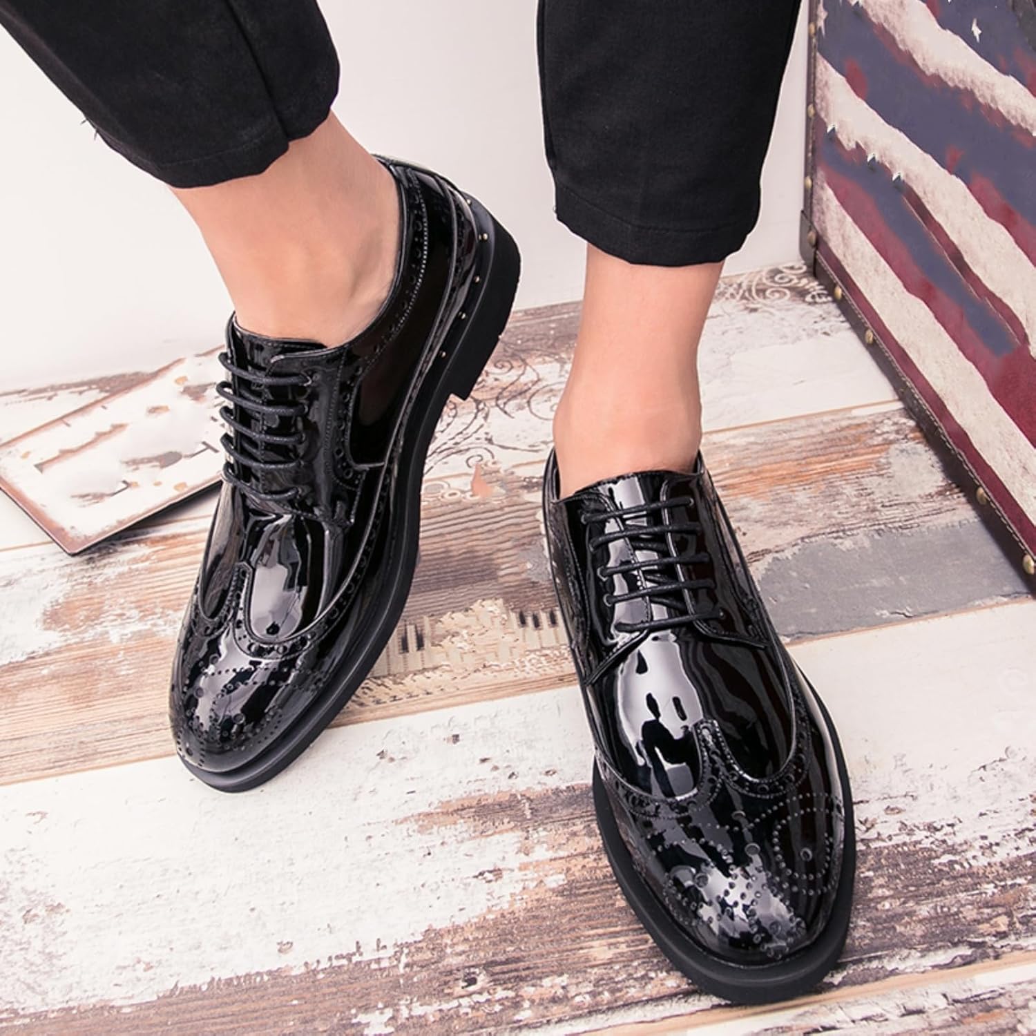 Men's Sparkle Patent Leather Brogue Wingtip Lace Up Dress Oxford Shoes Tuxedo Modern Round Toe Slip On Derby Shoes for Wedding Evening Party - Image 5