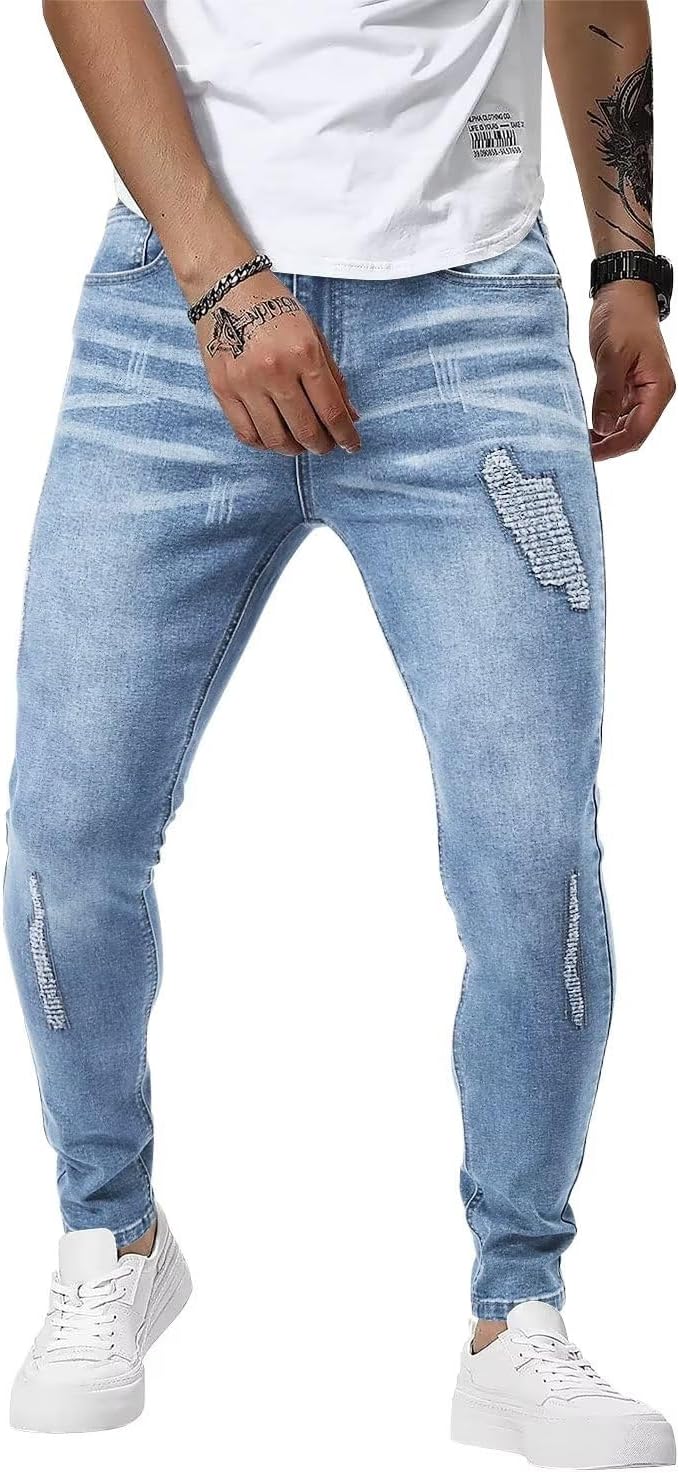 YRW Men's Ripped Jeans Slim Fit Skinny Stretch Distressed Straight Leg Denim Pants