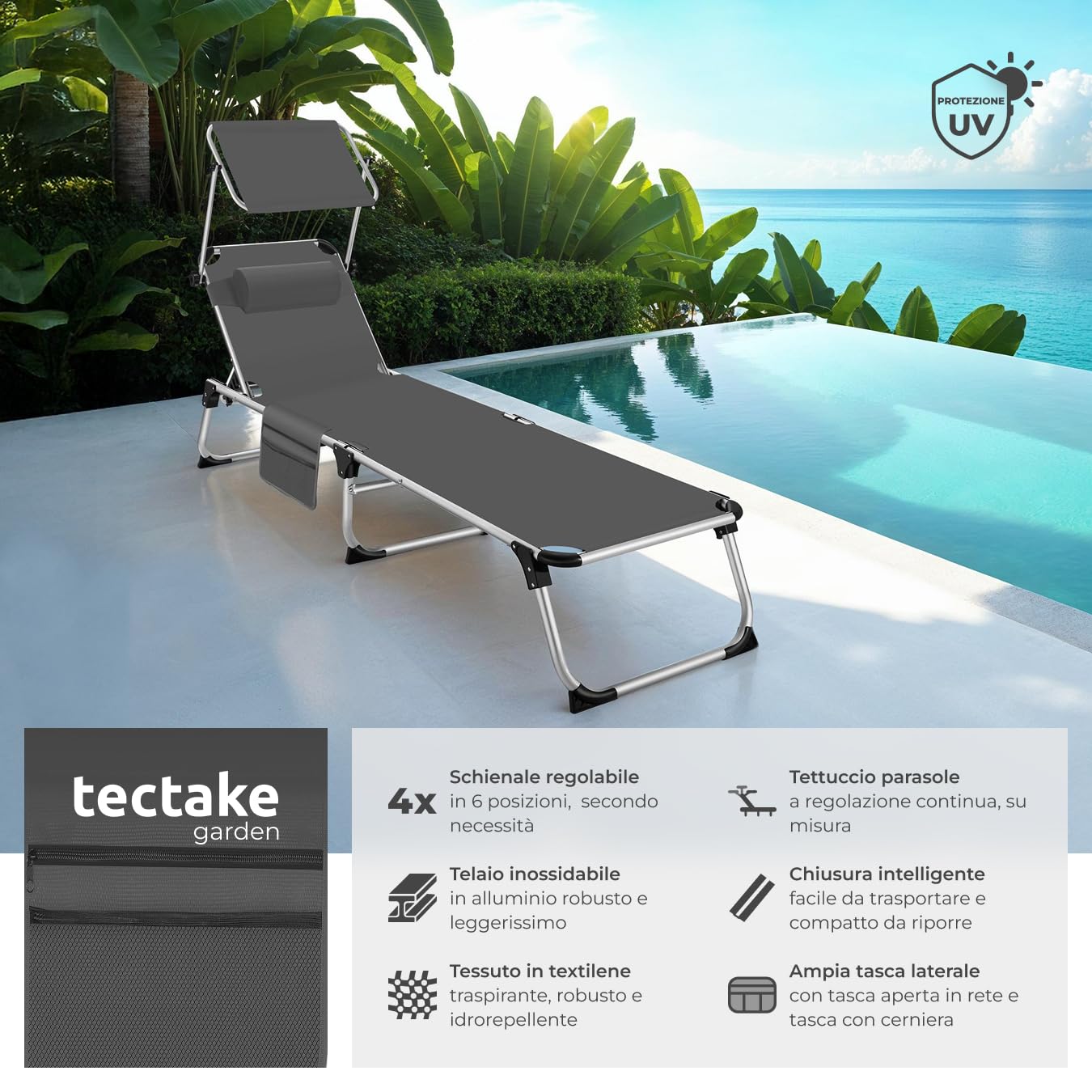 tectake® Lettino Prendisole Pieghevole, Telaio in Alluminio, Schienale Regolabile in 6 Posizioni, Lettino Sdraio con Tetto Parasole e Comodo Cuscino, Ideale per Giardino e Campeggio - Grigio