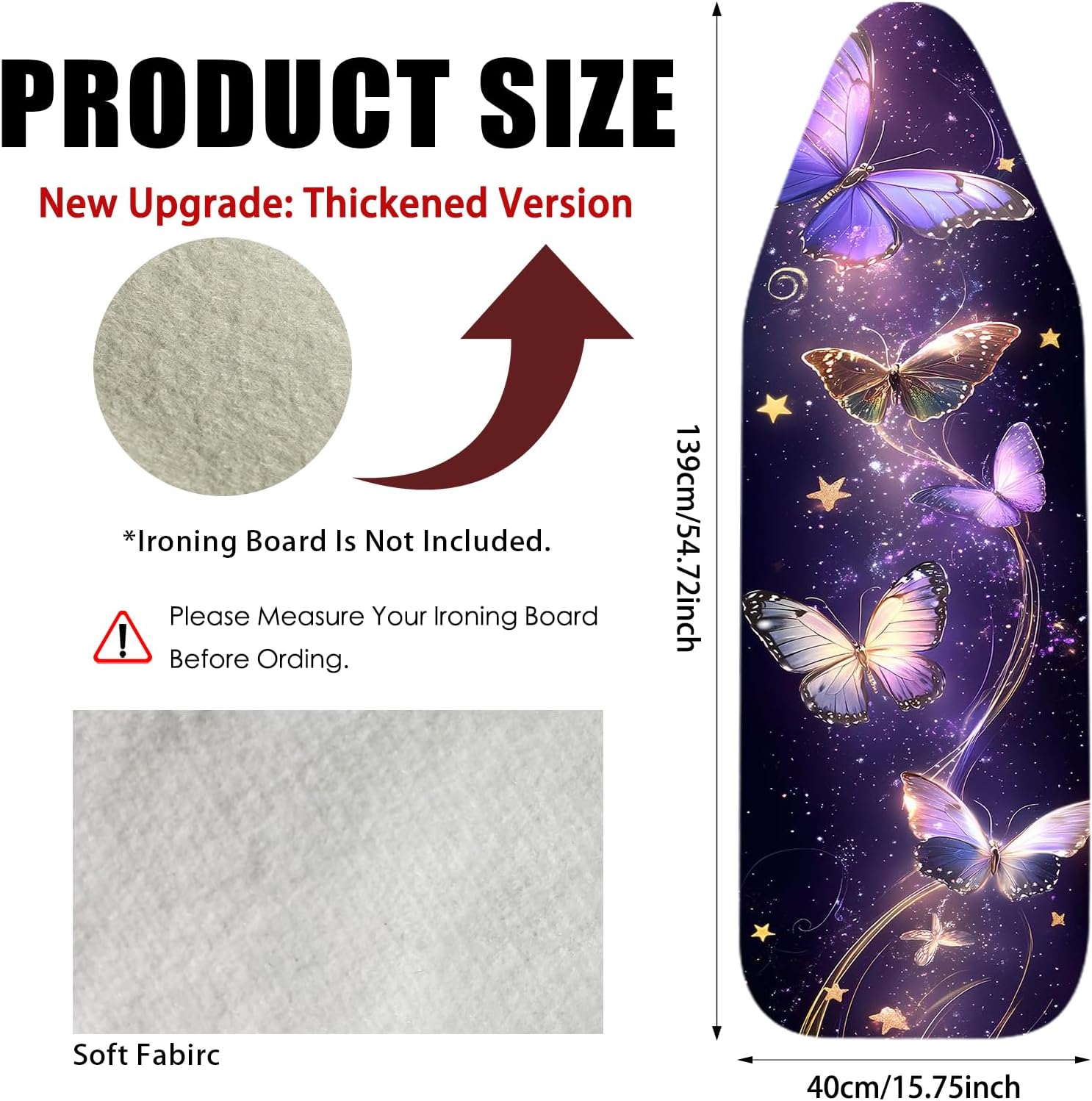 Nuxovilar Ironing Board Cover Needle Cotton 15x54 Inches | Ironing Board Cover and Pad Starry Butterfly Needle Cotton for Bedroom, Laundry Nook, Craft Space