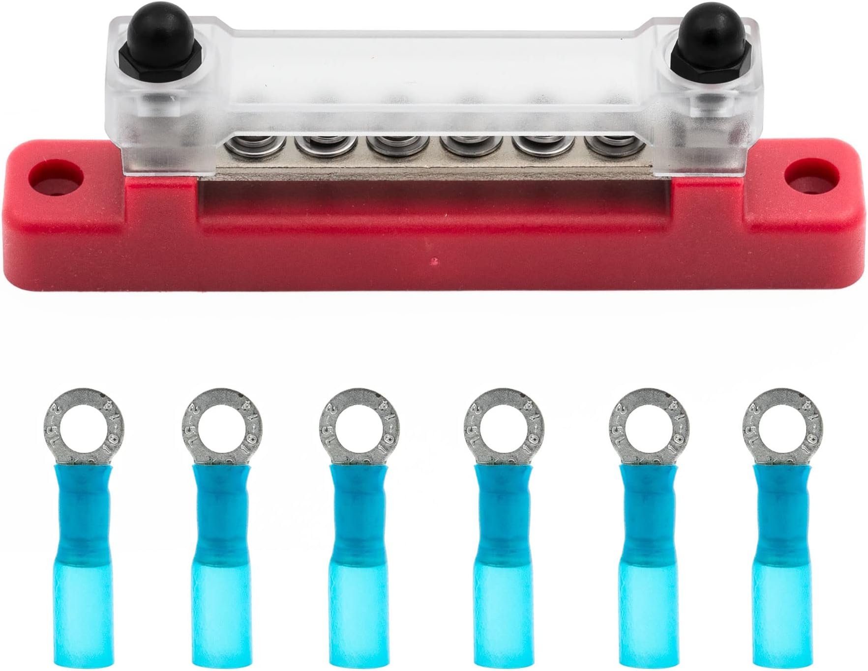 Rebuild Skills 6 Terminal Bus Bar Kit - 150A Bus Bar Block with Cover & Heat Shrink Terminals; Ground Distribution, Power Distribution Terminal Block for Automotive and Marine (Red)