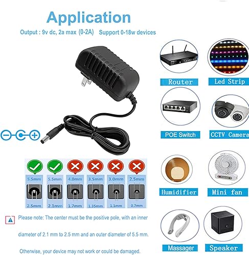 Miniatura 5 de Fuente de alimentación de 9V 2amp DC, adaptador de 9 voltios 2000 mA AC/DC, enchufe adaptador de cable de alimentación dc9v 2a 0.217 in x 0.098 in