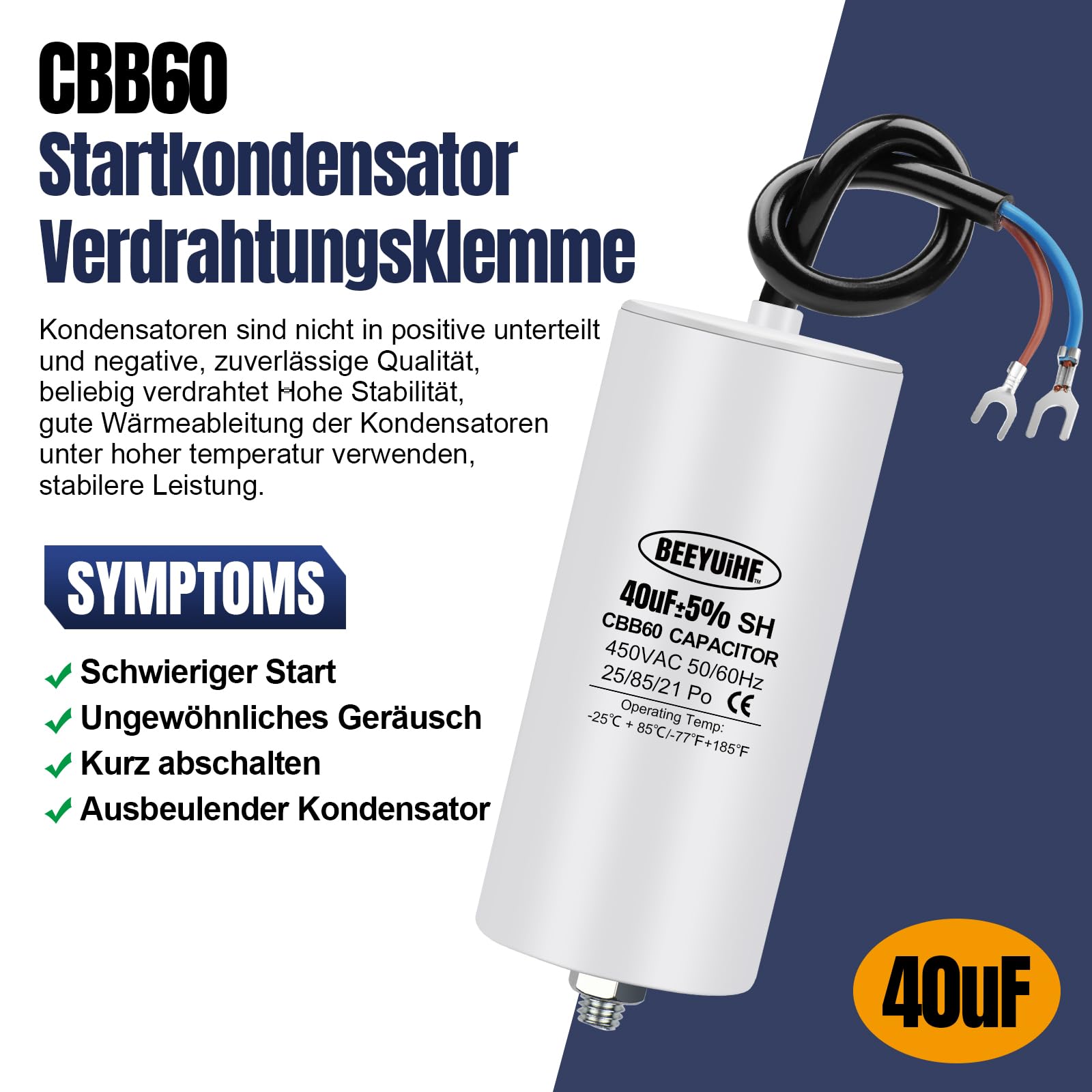 Kondensator 1µf 400V 50/60Hz Anlaufkondensator Typ MSB MKP Mit Einer Betriebstemperatur Von -25 Bis +85°C - MONTERAL