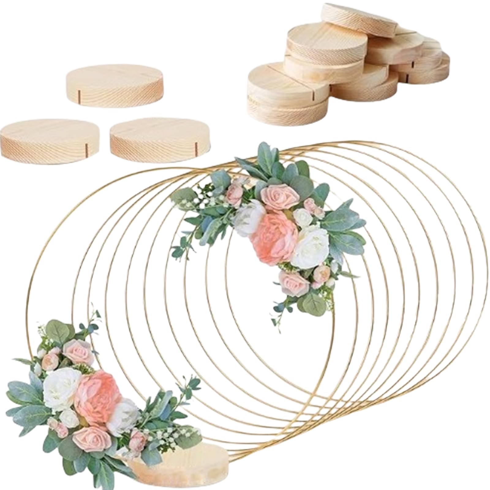 Nucelit Practical Gold Metal Wedding Hoop with Wood Stands for Table Centerpieces Wall Hangings and Flower Displays Rack Wedding Centerpieces