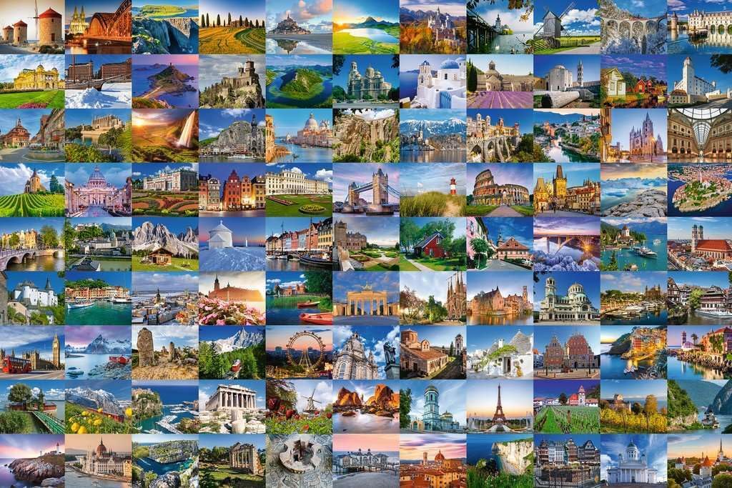Close-up of completed Ravensburger puzzle showing European landmarks