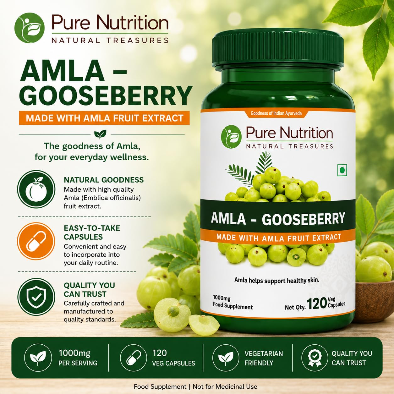 Pure Nutrition Amla Capsules (Indian Gooseberry) 1000 mg per Serving | 120 Veg Capsules | Amla Fruit Extract 500 mg + Powder 500 mg | Standardized Extract | Non-GMO Herbal Supplement — Amazon image 3
