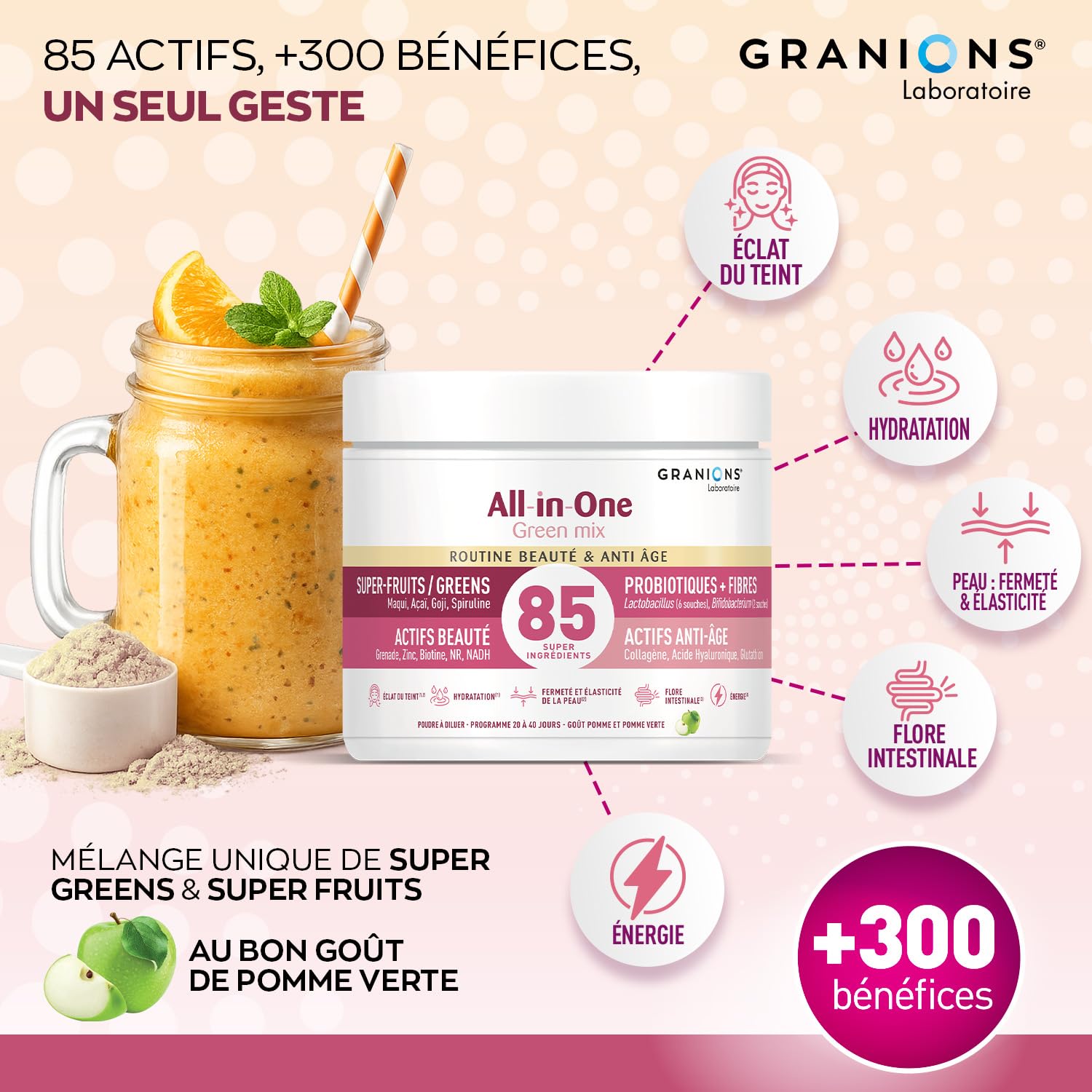 GRANIONS ALL-IN-ONE GREEN MIX BEAUTÉ & ANTI AGE - Collagene Marin - Acide Hyaluronique - Zinc - Biotine - Collagène - Peau, Hydratation & Digestion - Cure 20 à 40j
