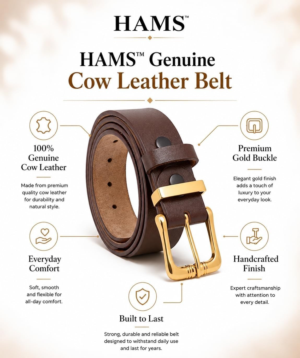 HAMS™ Cinturón de Cuero Genuino Marrón Oscuro con Hebilla Dorada | Cuero de Vaca 100%, Acabado Artesanal, Costura de Calidad, Textura Natural, Uso Diario