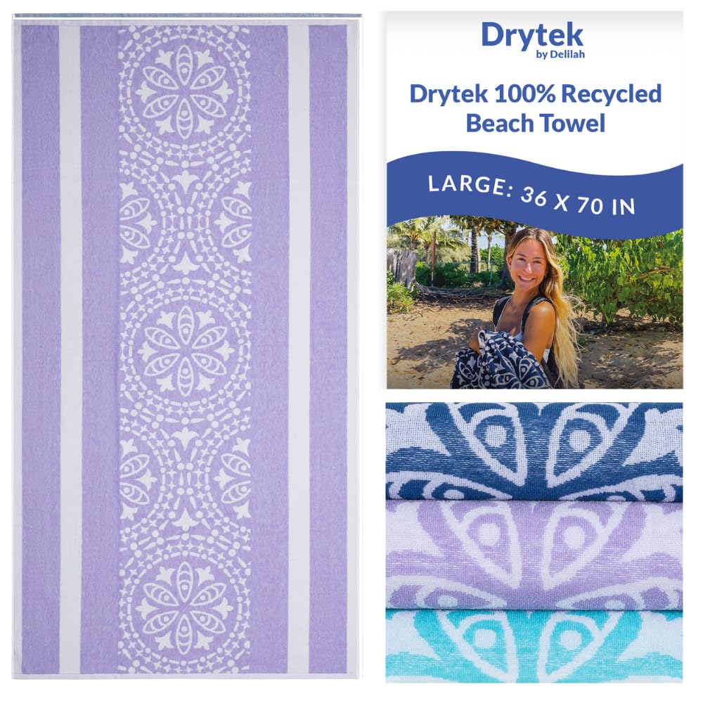 Delilah Home Drytek High Performance Beach Towel, Made from 100% Recycled Bottles, Absorbs Great, Quick Dry (4X Faster), Luxuriously Soft, Sand Free, Great for The Pool. 36-inch by 70-inch, Purple