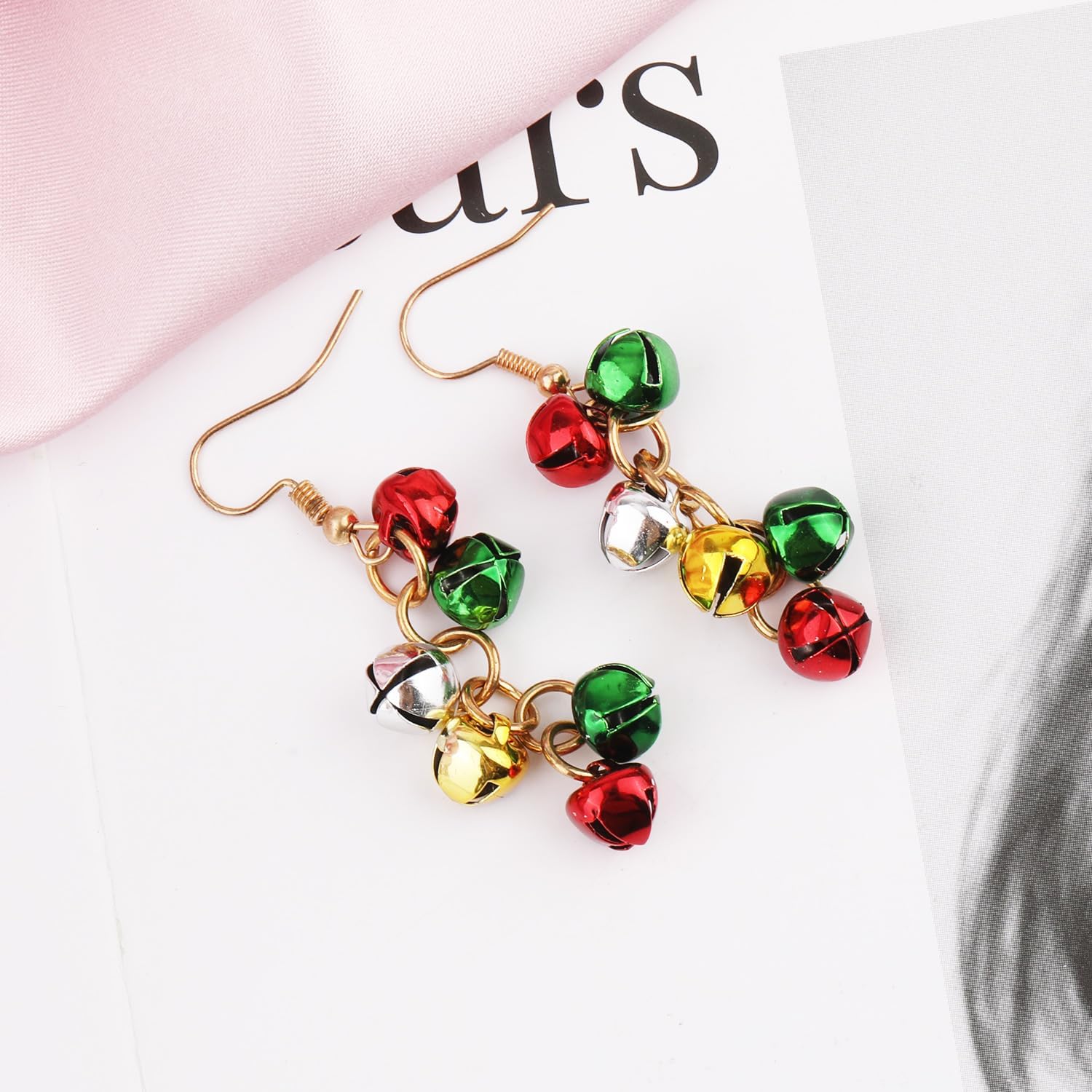 Christmas Jingle Bell Drop Earrings, Dangle Fishhook Hanging Earrings, Zinc Alloy, Green, Red, Silver, Gold, 2 Count, 2.4 cm, Polished, Perfect for Holidays & Special Occasions - Image 3