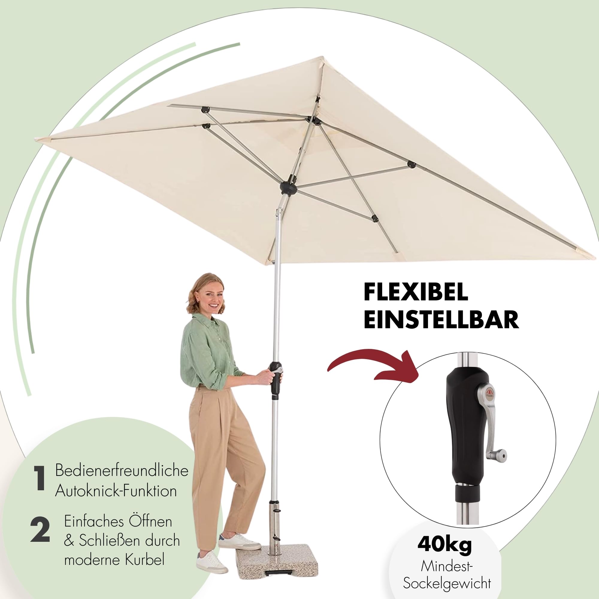 Doppler Sonnenschirm für den Garten SL-AZ Auto Tilt 220x140 cm Natur I Gartenschirm knickbar I Kurbelschirm mit UV-Schutz 80+ I Kurbelschirm aus Aluminium I regenabweisendes Polyester-Schirmdach