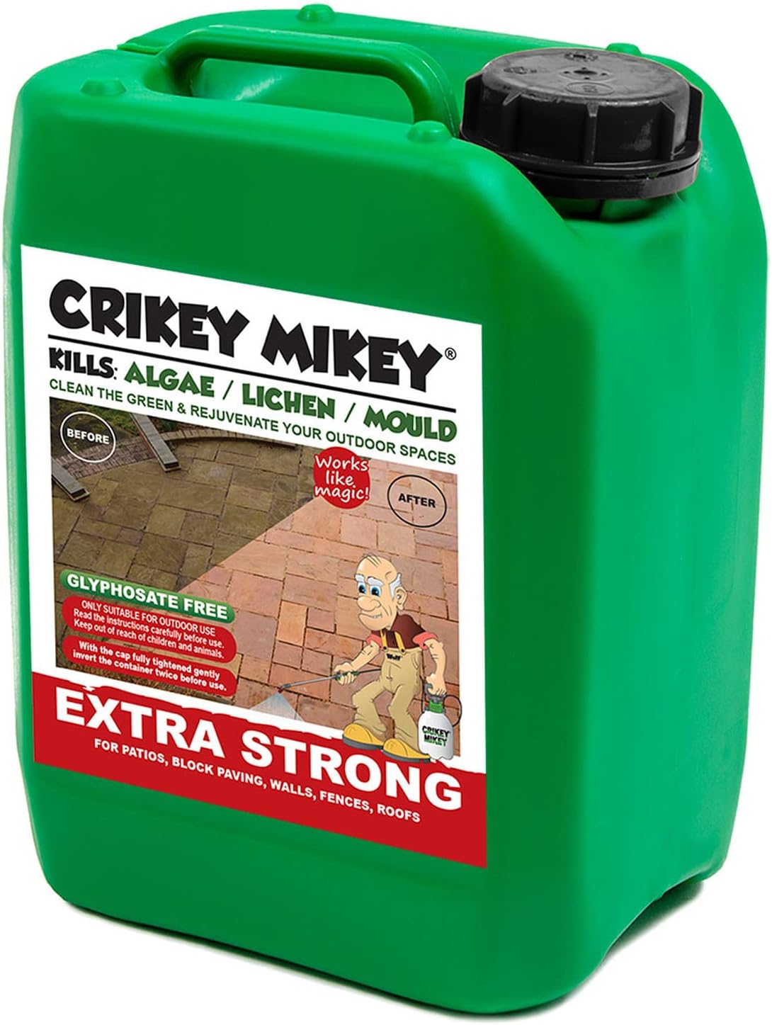 Crikey Mikey Extra Strong Ultimate Treatment 5L for Drives, Paths, Patios, Decking, Walls, Fences & Roofs - Remove Algae Lichen & Mould