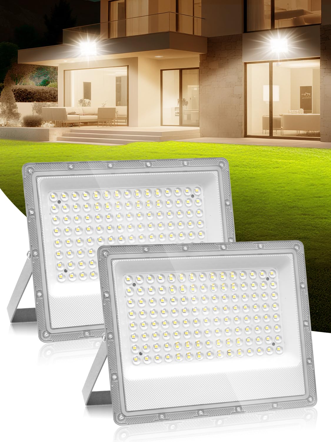 Litglobe LED Floodlight Outdoor 100W 2 Pack,10000LM Super Bright Flood Lights,3000K Warm White LED Security Lights,IP66 Waterproof Work Light,Wall Light for Garden, Yard, Garage, Streets
