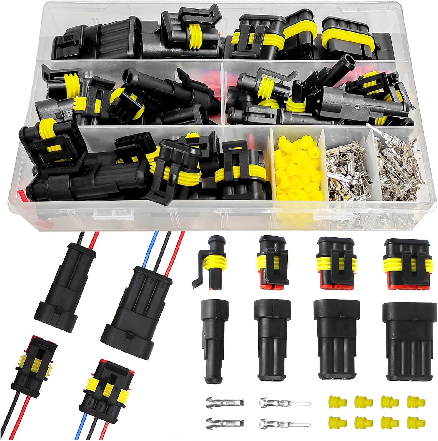 352PCS Waterproof Car Electrical Connectors, 1/2/3/4 Pin Male Female Automotive Connector Plug Set, 20-16 AWG Quick Disconnect Wire Connector Terminals for Car Truck Marine Boat