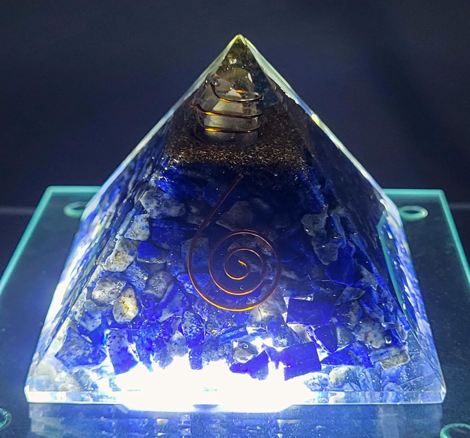 Pair 2.8" Blue Lapis Lazuli Orgonite Orgone Pyramids Positive Energy Reiki Charged Generators Metaphysical Healing Meditation Gemstone Crystal Mineral Copper Coil w/Quartz Specimen
