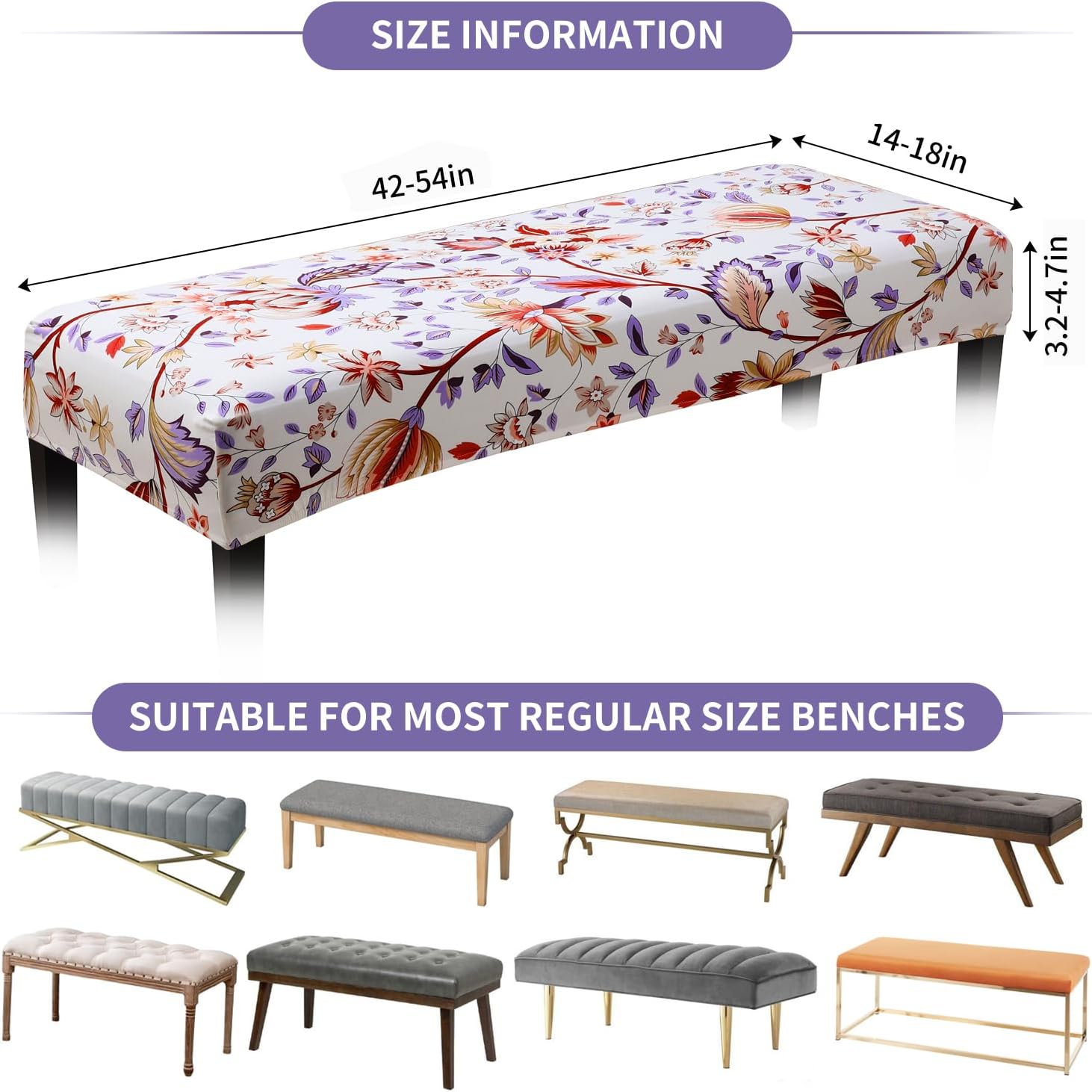 Fuloon Stretch Bench Cover, Anti-Dust Removable Dining Bench Slipcover Washable Seat Cushion Protector for Bedroom, Kitchen, Hotel, Banquet, Red White Flower image 3