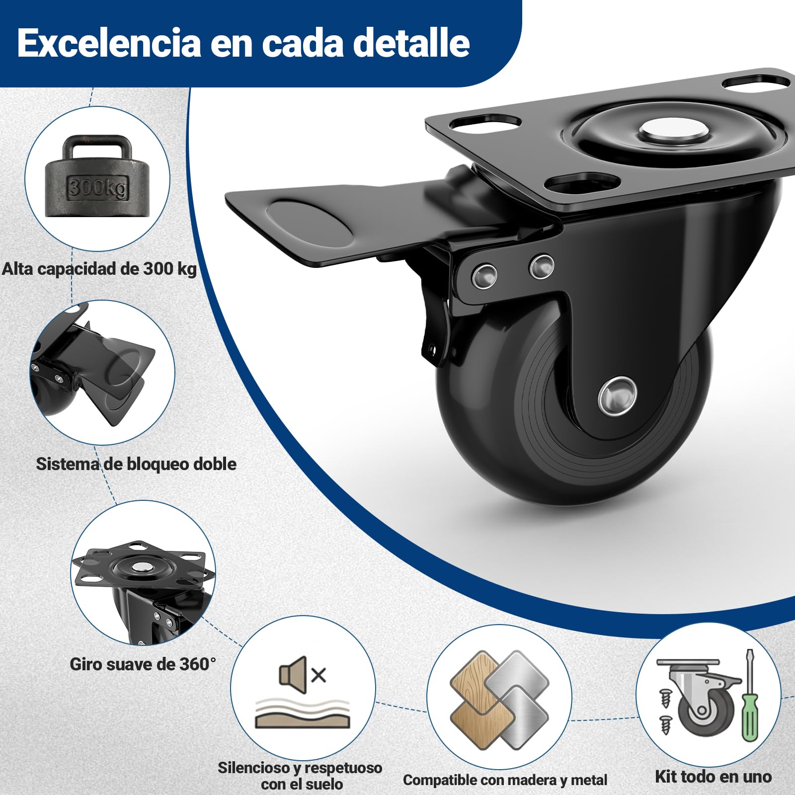 COSYLAND Ruedas para Muebles Pesados 50 mm, Juego de 4 Ruedas Giratorias 360° con Placa, Hasta 300 kg, No Dejan Marcas, para Transporte y Movimiento de Muebles, 4 Ruedas con Freno, Negro — view 3