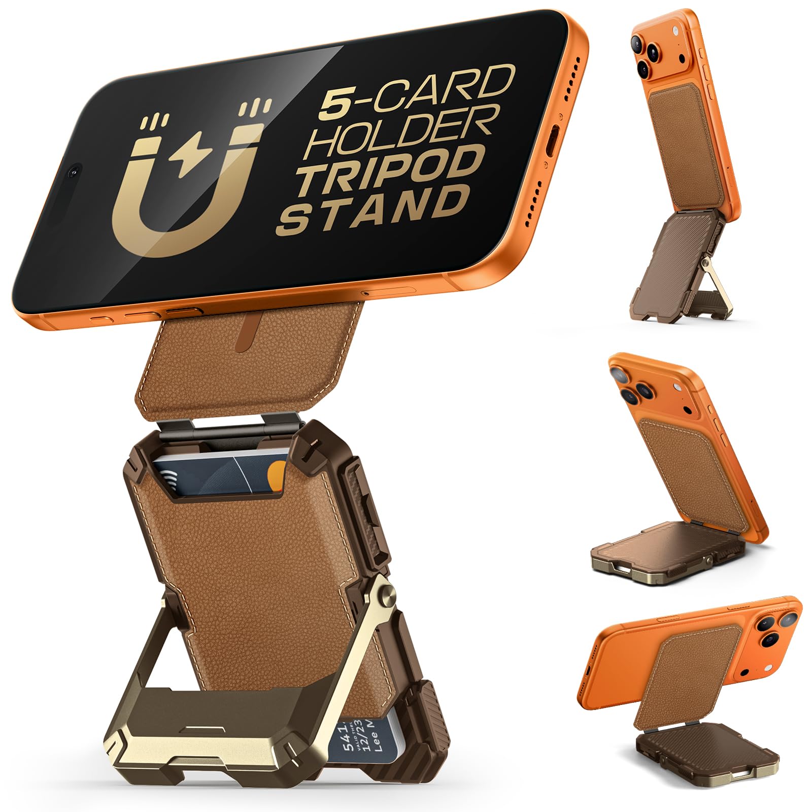 for MagSafe Wallet with Stand, Magnetic Genuine Leather Wallet for Men, [Hold 5 Cards] [Adjustable Stand] [RFID Blocking] Phone Card Holder Tripod for iPhone 17/16/15/14/13/12 Series, Brown-image-17