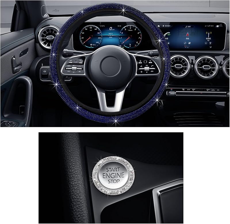 Capa para Volante Automotivo com Strass Azul Ziciner e Aro Decorativo para Botão Start/Stop
