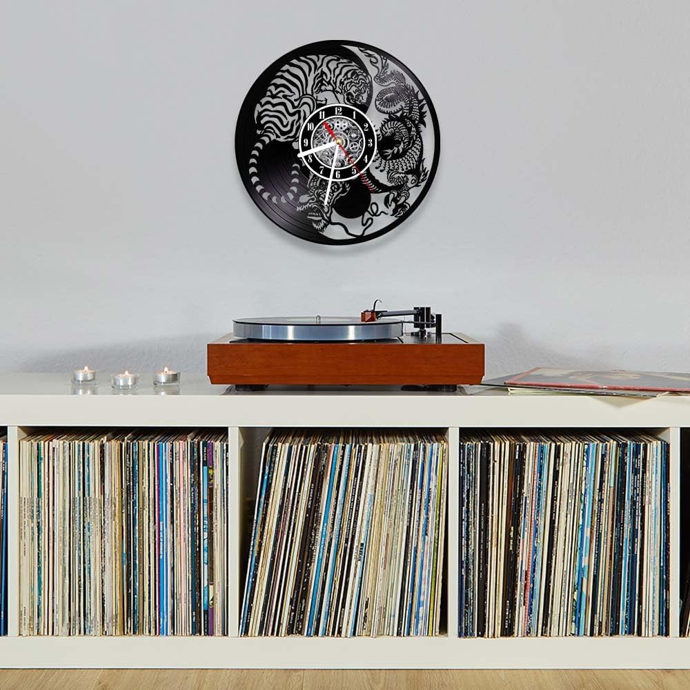 The Geeky Days Dragon and Tiger Tattoo Vinyl Record Wall Clock with LED Light Animal Yin Yang Chinese Asia Symbol of Balance Vintage Disk Crafts Home Decor Luminous Night Light Wall Clock Glow in Dark