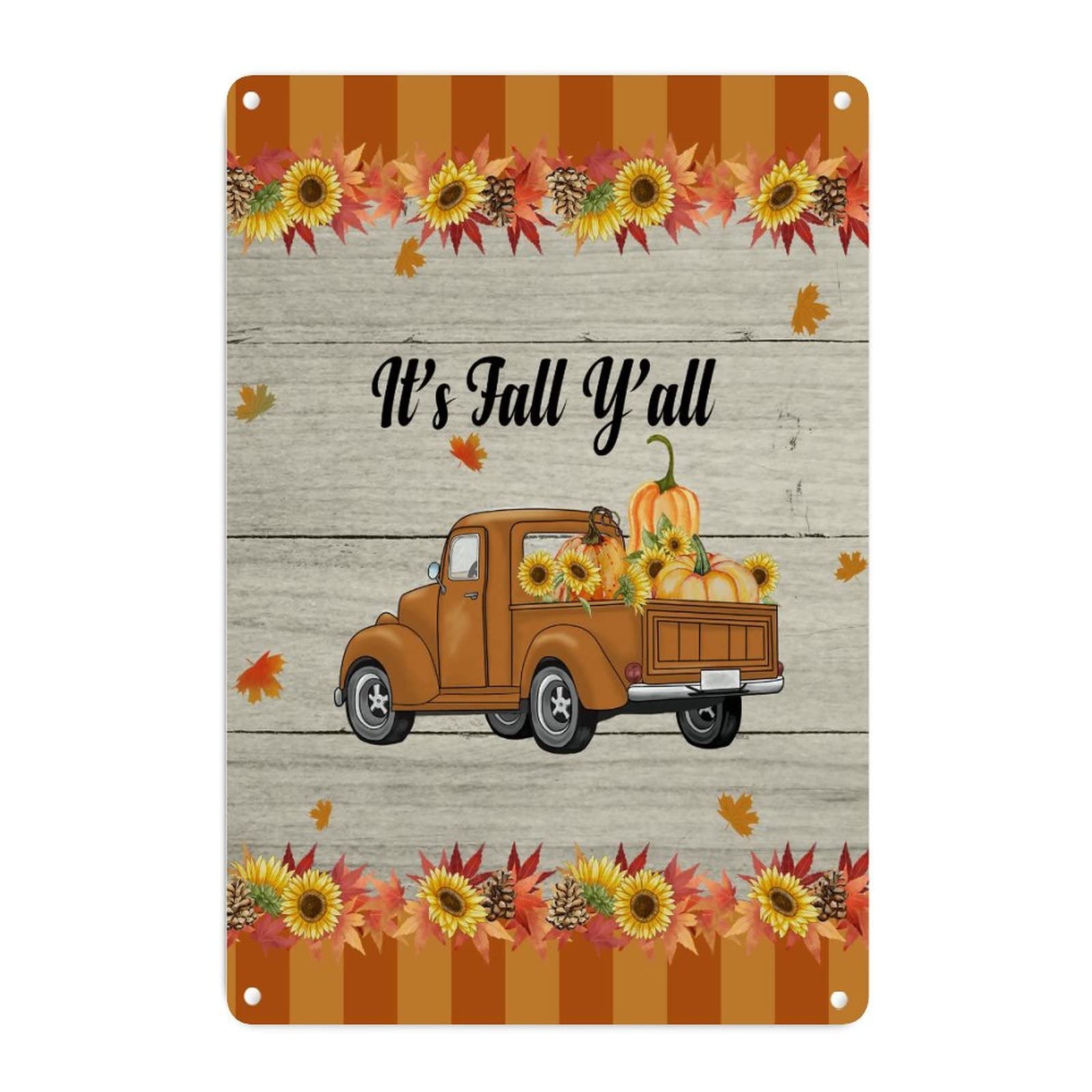 Plaque métallique avec camion vintage à carreaux et décors citrouilles d'automne