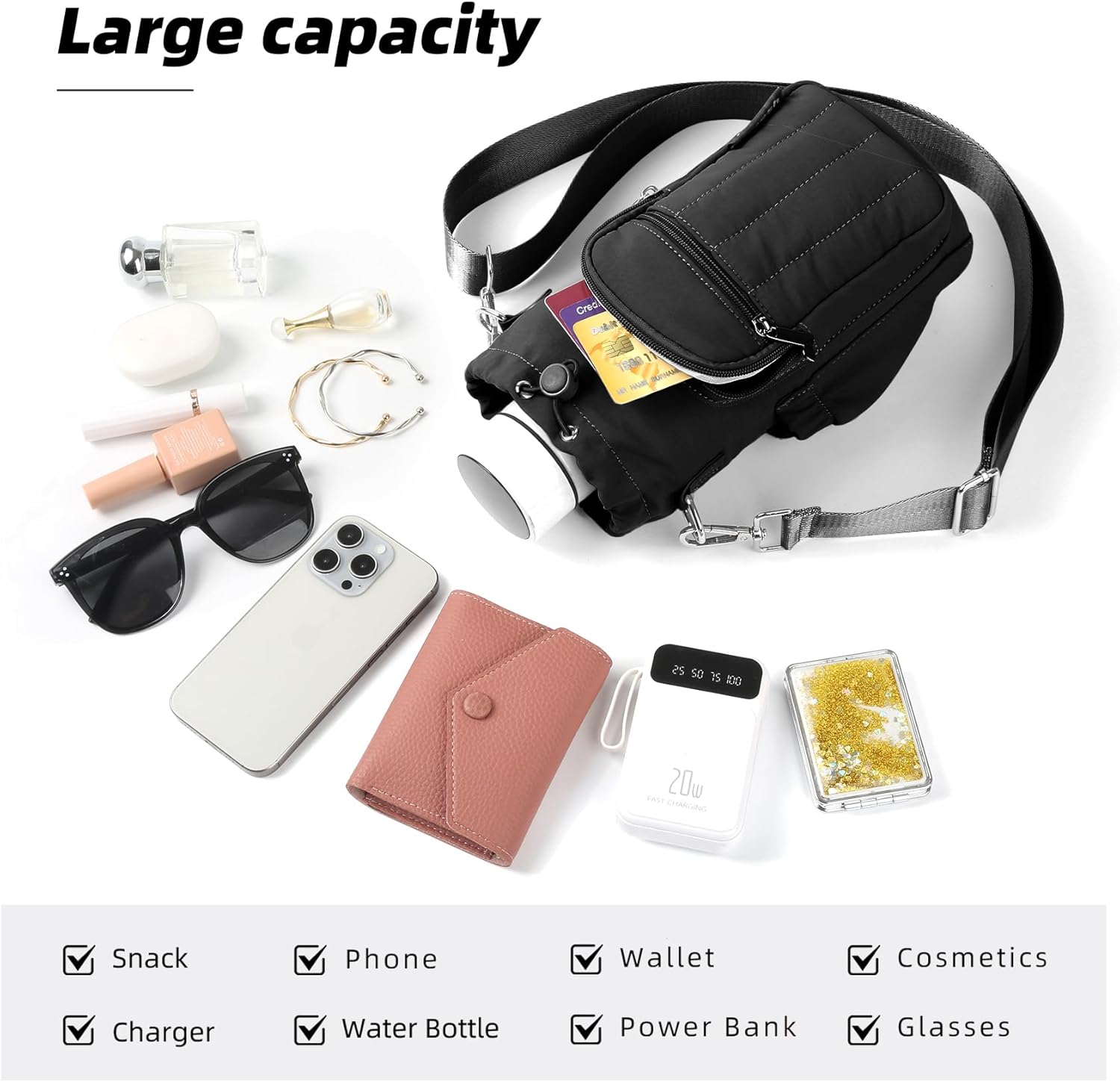 Rueesh Water Bottle Holder Bag with Adjustable Strap, Insulated Bottle Carrier Bag RFID Crossbody Sling Bag for Gym Walking - Image 3