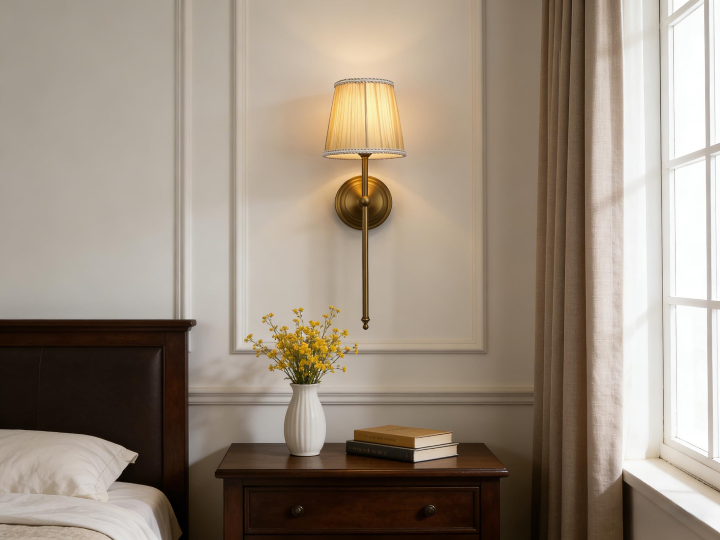 Wall Sconce Lighting Pleated Khaki Gauze Fabric Boho Decor Industrial Vintage Bedside Nightstand Light Wall Mounted Lamp Fixture — view 3