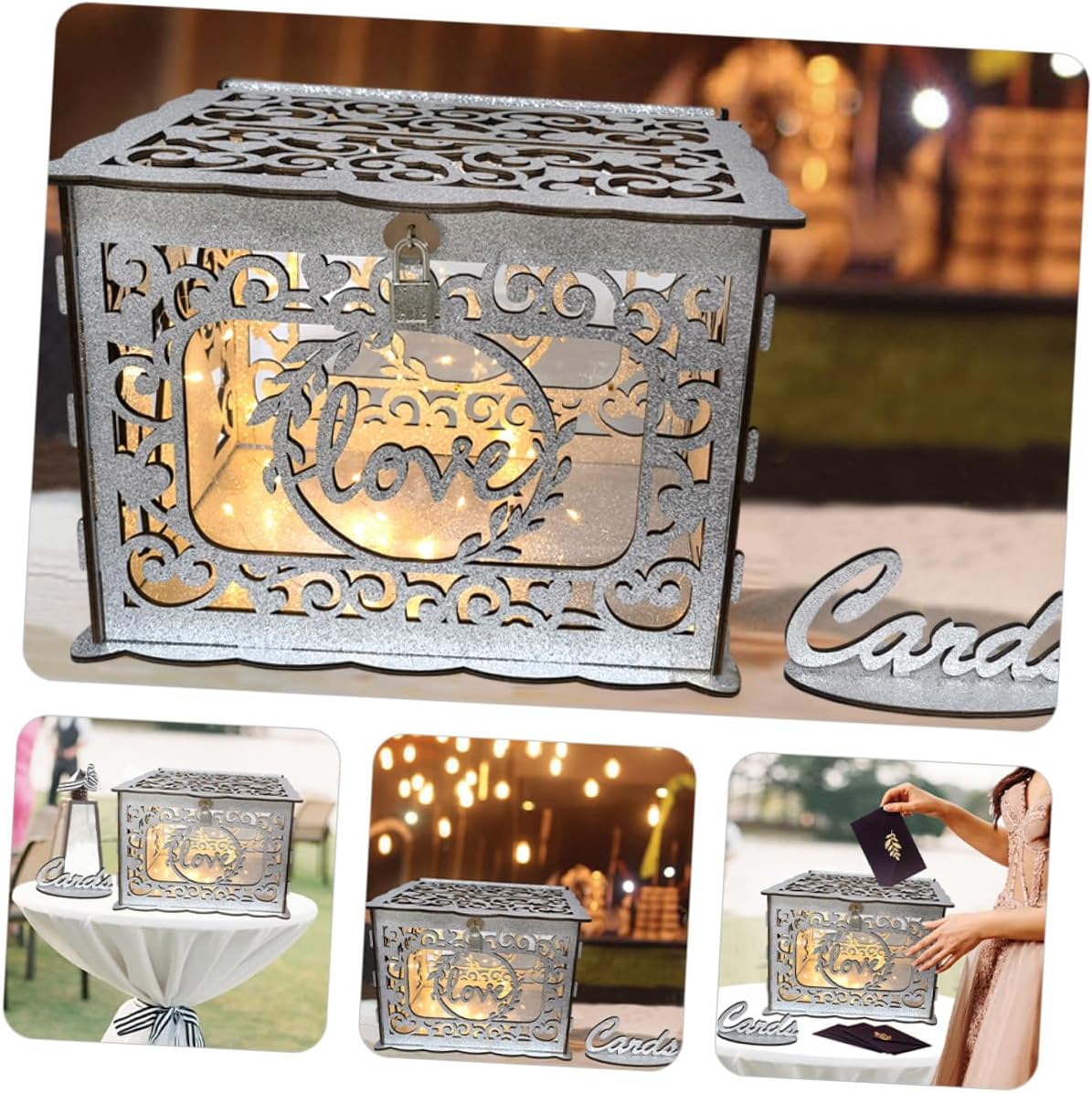 SOLUSTRE Wooden Hollow Card Box with Glitter Wedding Reception Card Holder Portable Greeting and Blessing Envelope Collection Box for Anniversary and Birthday Events