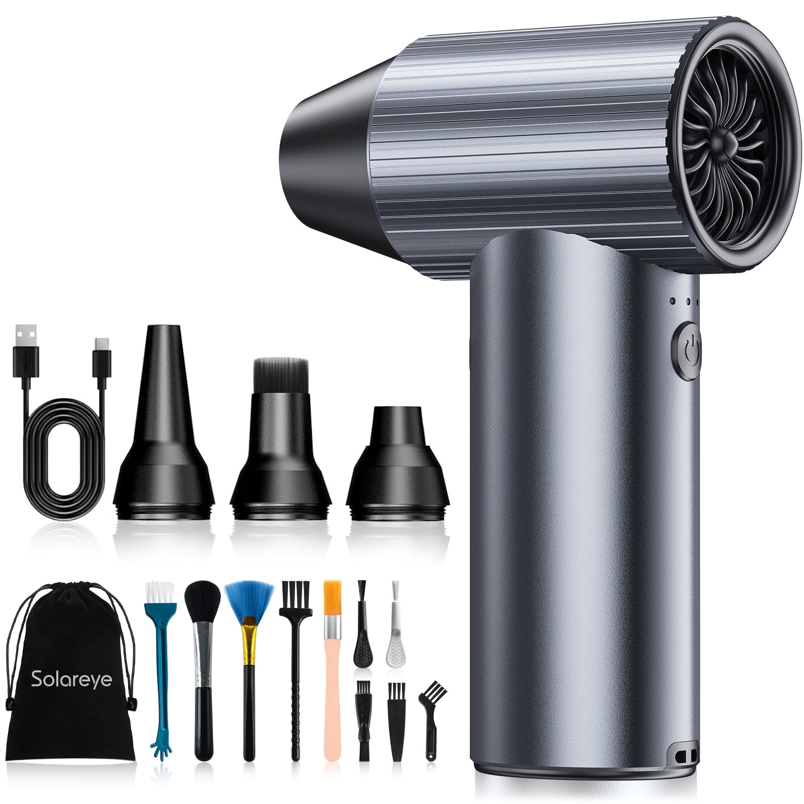 Solareye Druckluft Compressed Air Duster, 3-Gang 300000 U/min, Elektrische Staubgebläse Luftdruckspray mit 7500mAh Akku, Reinigungsbürste und USB Schnellladung, für PC Reinigungsset, Auto, Sofa
