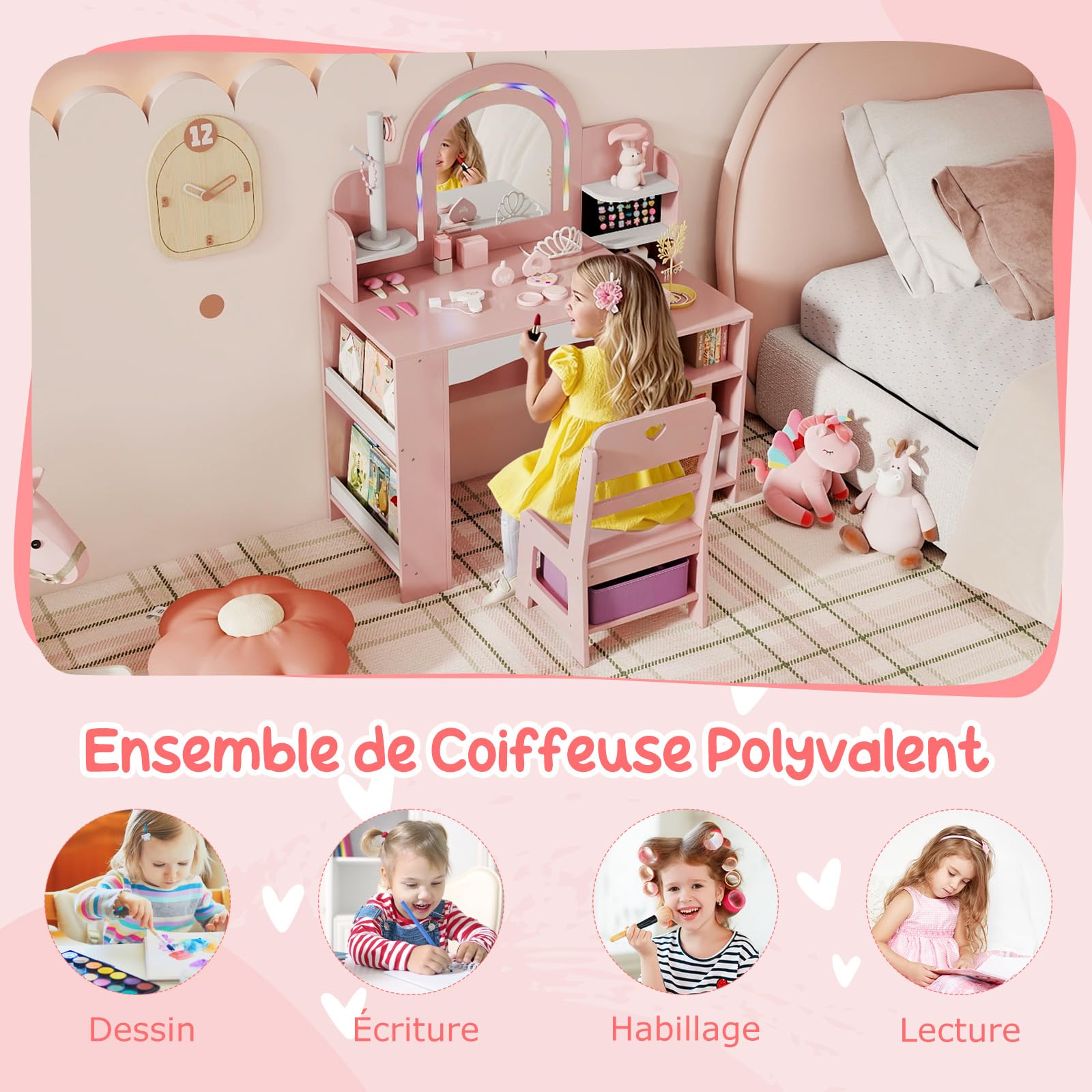 COSTWAY Coiffeuse Enfants Fille avec Chaise & Miroir Éclairé, Bureau Enfant Fille avec Bibliothèque & Étagères Ouvertes & Support pour Bijoux, Dispositif Anti-basculement pour 3 Ans+ (Rose)