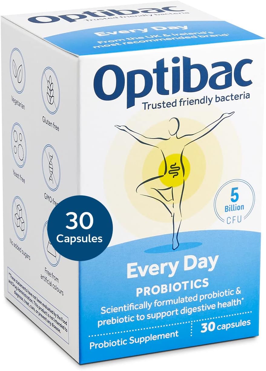 Optibac Probiotics for Every Day - Vegetarian Probiotic Supplement for Digestion & Gut Health, 5 Billion CFU & Prebiotic - 30 Capsules