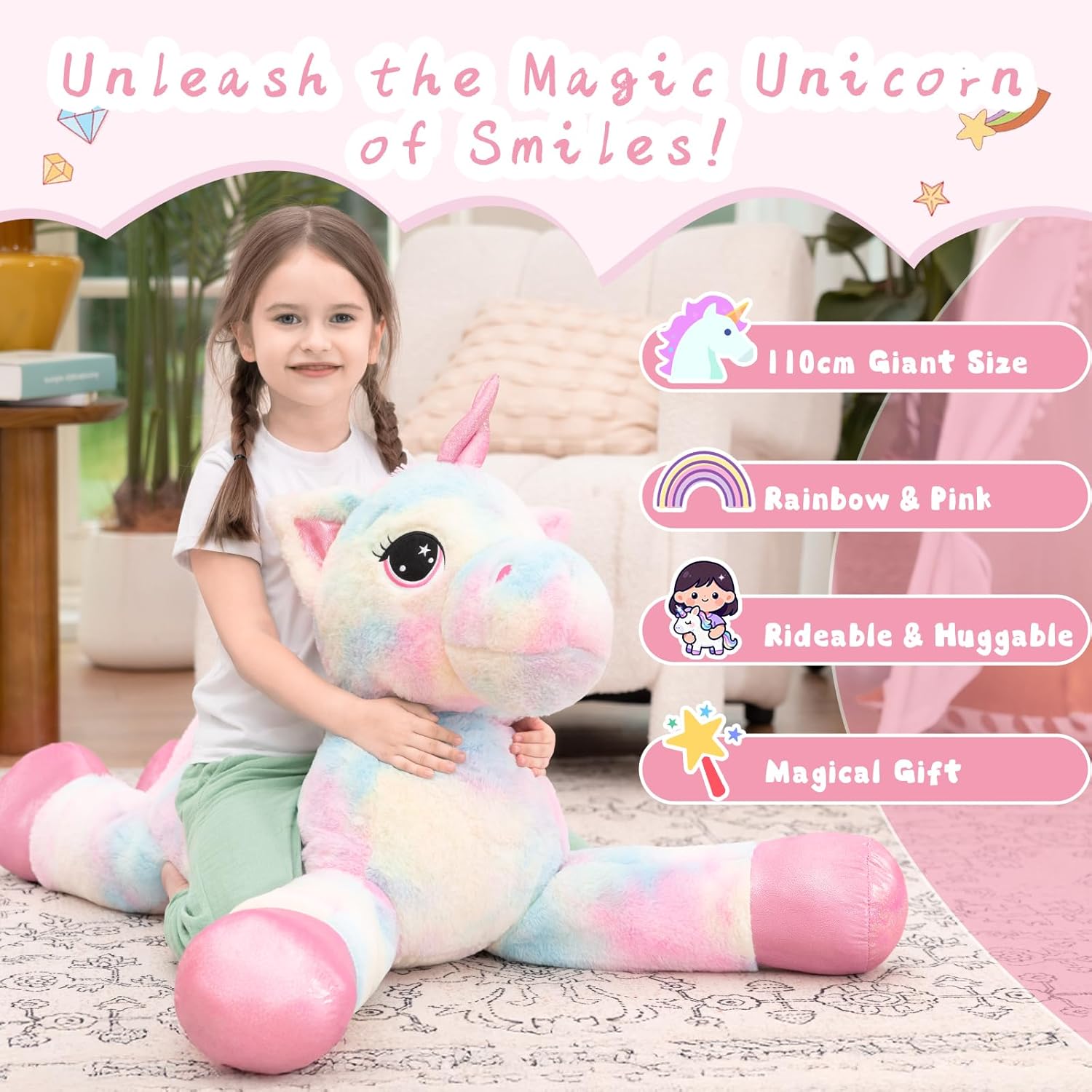 Muiteiur 43.4 Inch Unicorn Stuffed Animal, Giant Stuffed Unicorn for Girls, Soft Plush Pillow Gifts for Girls Boys Kids, Pink