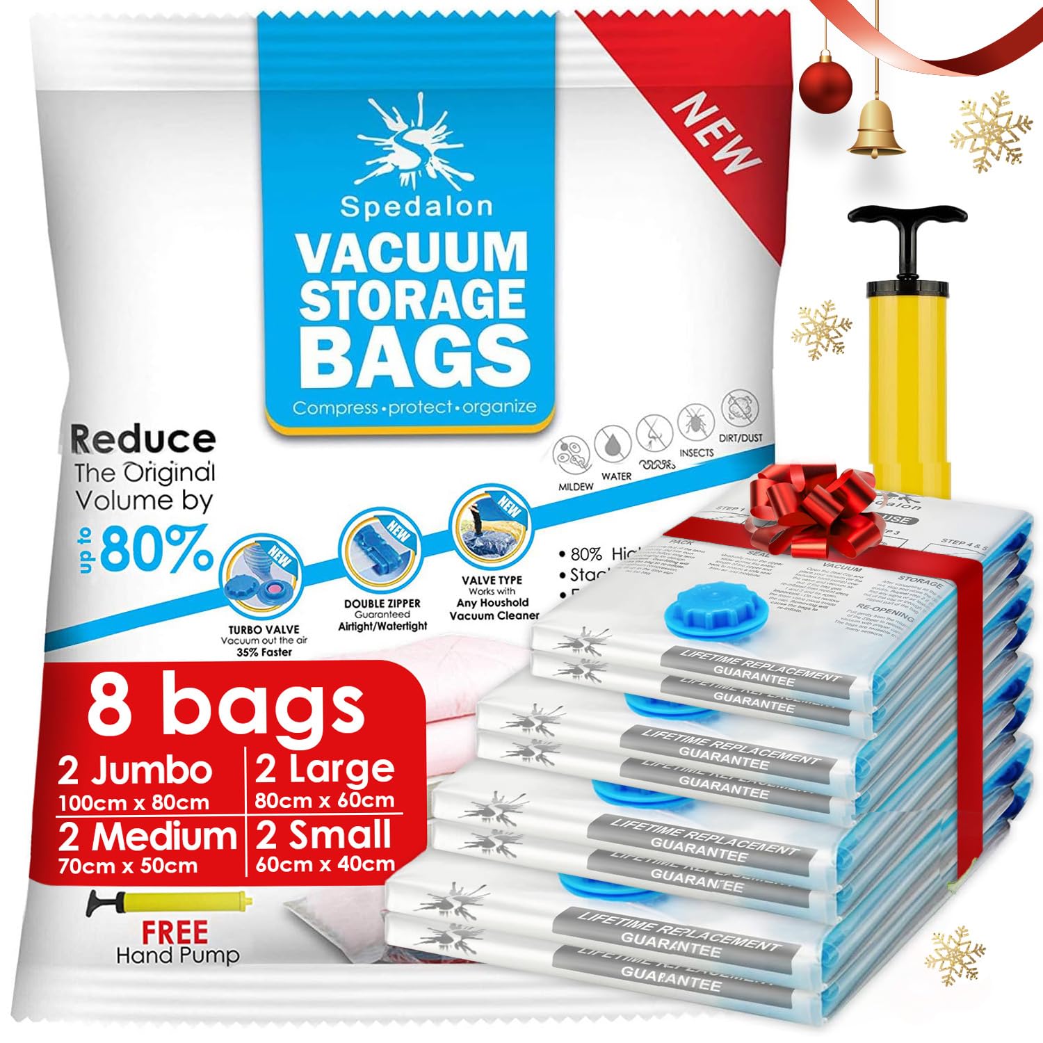 Vacuum Storage Bags - Pack of 8, 2 x (Jumbo + Large + Medium and Small) Reusable with Free Hand Pump for Travel Packing - Best Sealer Bags for Clothes, Duvets, Bedding, Pillows, Blankets, Curtains