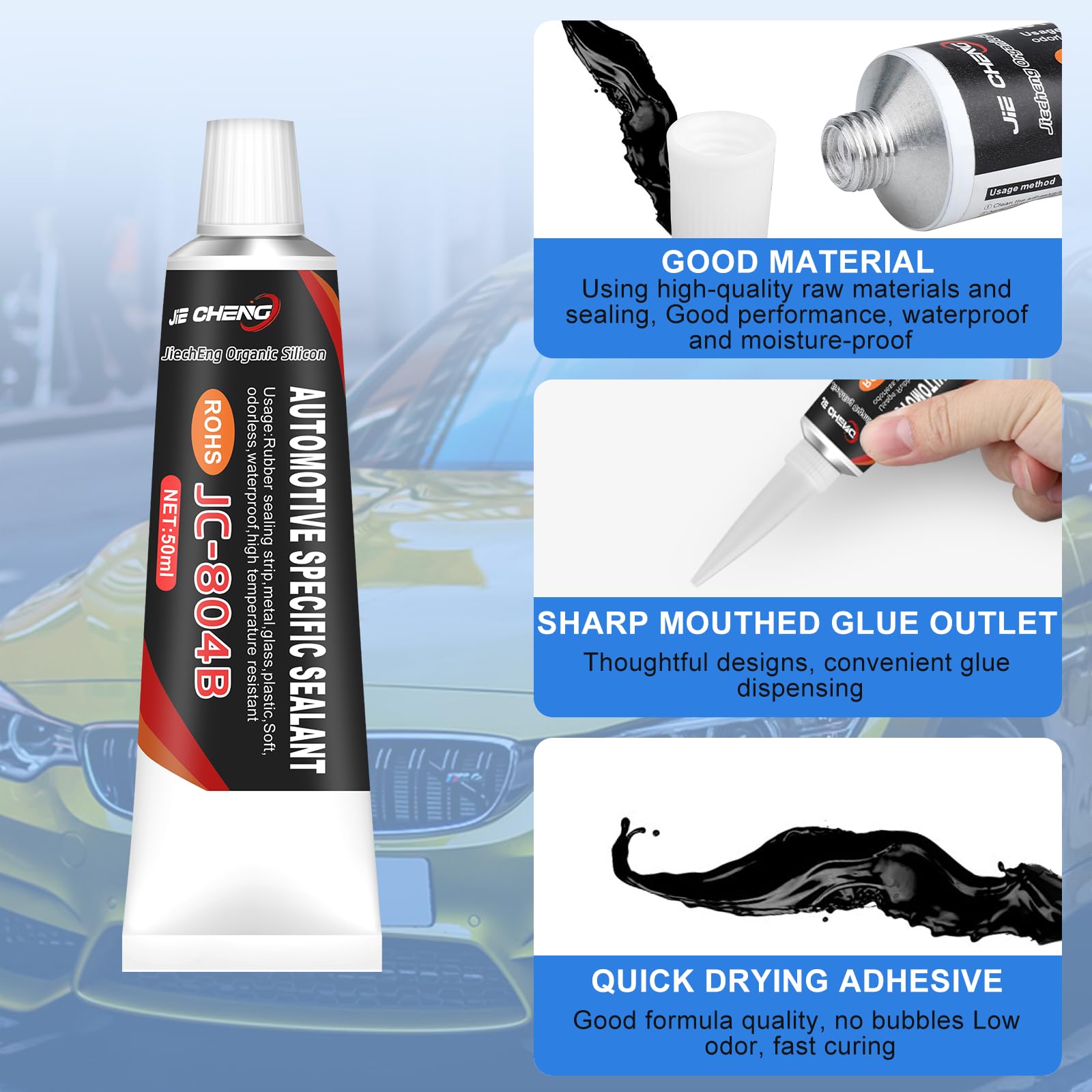 Colla Per Vetri Auto, 2 Pezzi Di Colla Per Carrozzeria Nera, Adesivo Per Guarnizione Porta Auto, Sigillatura Per Auto Nera, Indurimento Rapido, Impermeabile, Alta Temperatura, Buona Tenuta, 100ML - Foto 9