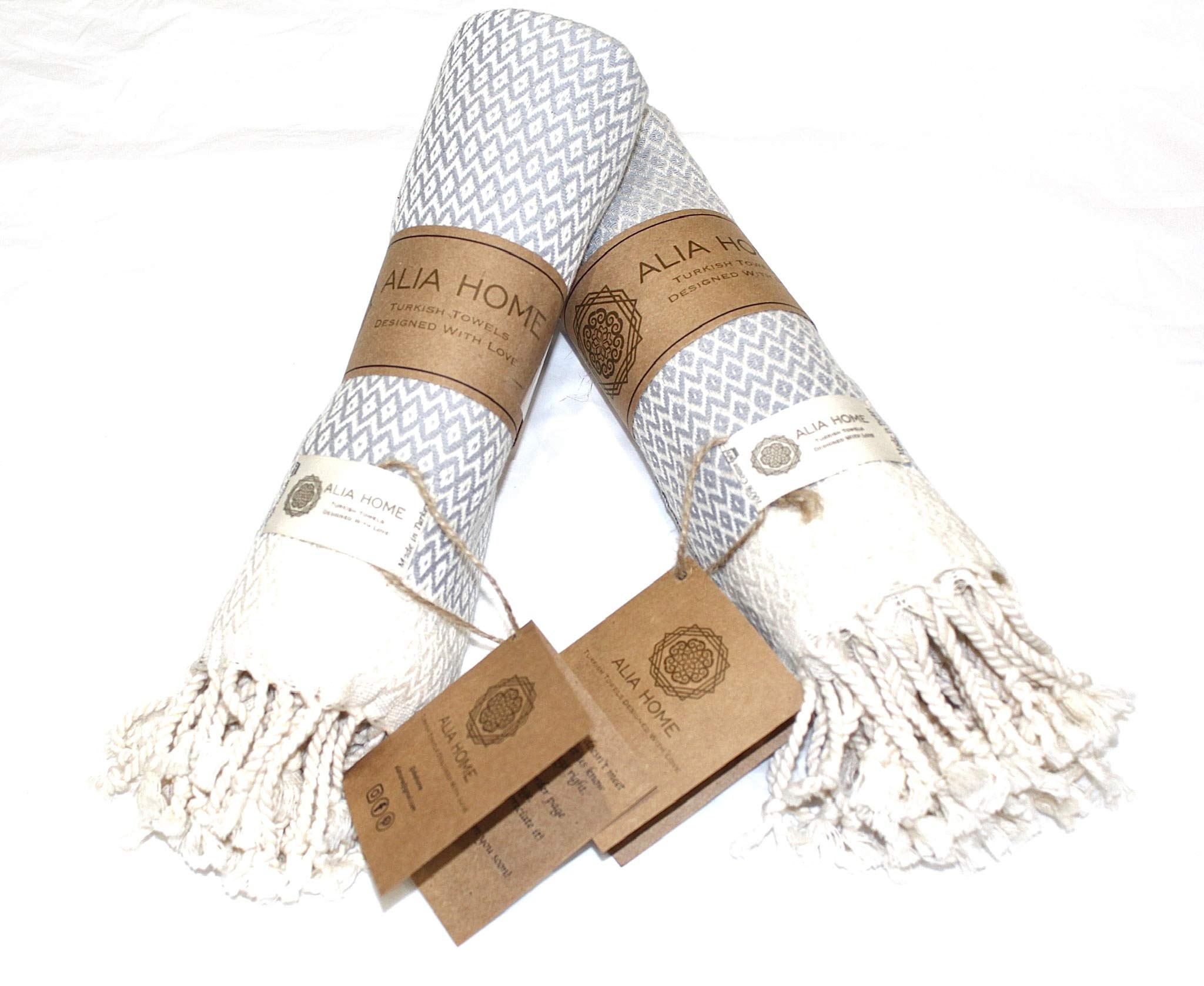Alia Home Turkish Hand Towels Set of 2 | 100% Cotton, 21 x 40 Inches | Decorative Bathroom Peshtemal Towel for Hand, Face, Hair, Gym, Yoga, Tea, Dishcloth, Kitchen and Bath (Grey)
