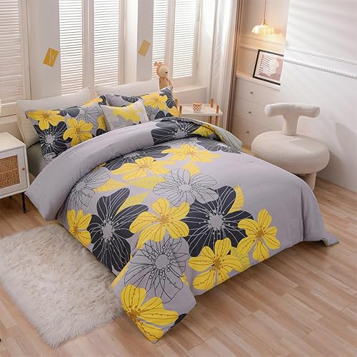 Miniatura 3 de Holawakaka Juego de edredón floral Queen de 6 piezas, cama en una bolsa, flores amarillas impresas en gris, juego de ropa de cama botánica de