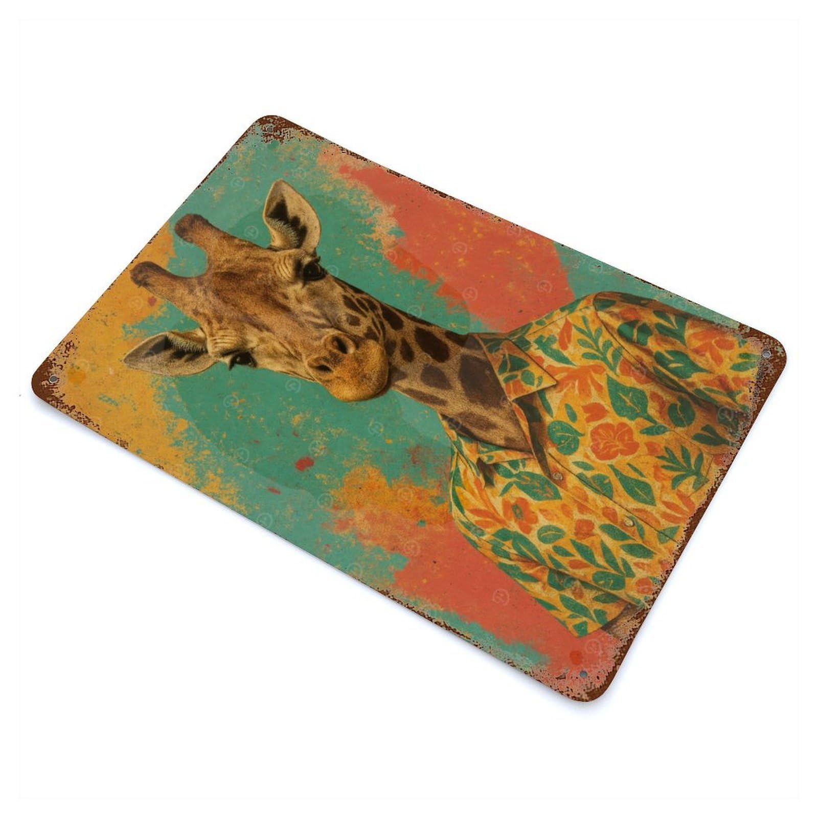Giraffe in Hawaiian Shirt Portrait Weathered Tin Sign 11.8"x7.9", Novelty Wall Decor for Garage, Pub Or Kitchen