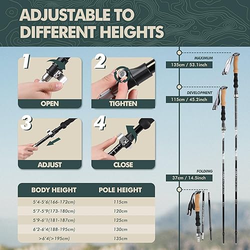 Miniatura 3 de GPTCAMP Bastón nórdico, TPZ-1, 2 bastones de senderismo plegables plegables con bloqueo rápido de metal, mango de corcho, bastones de senderismo