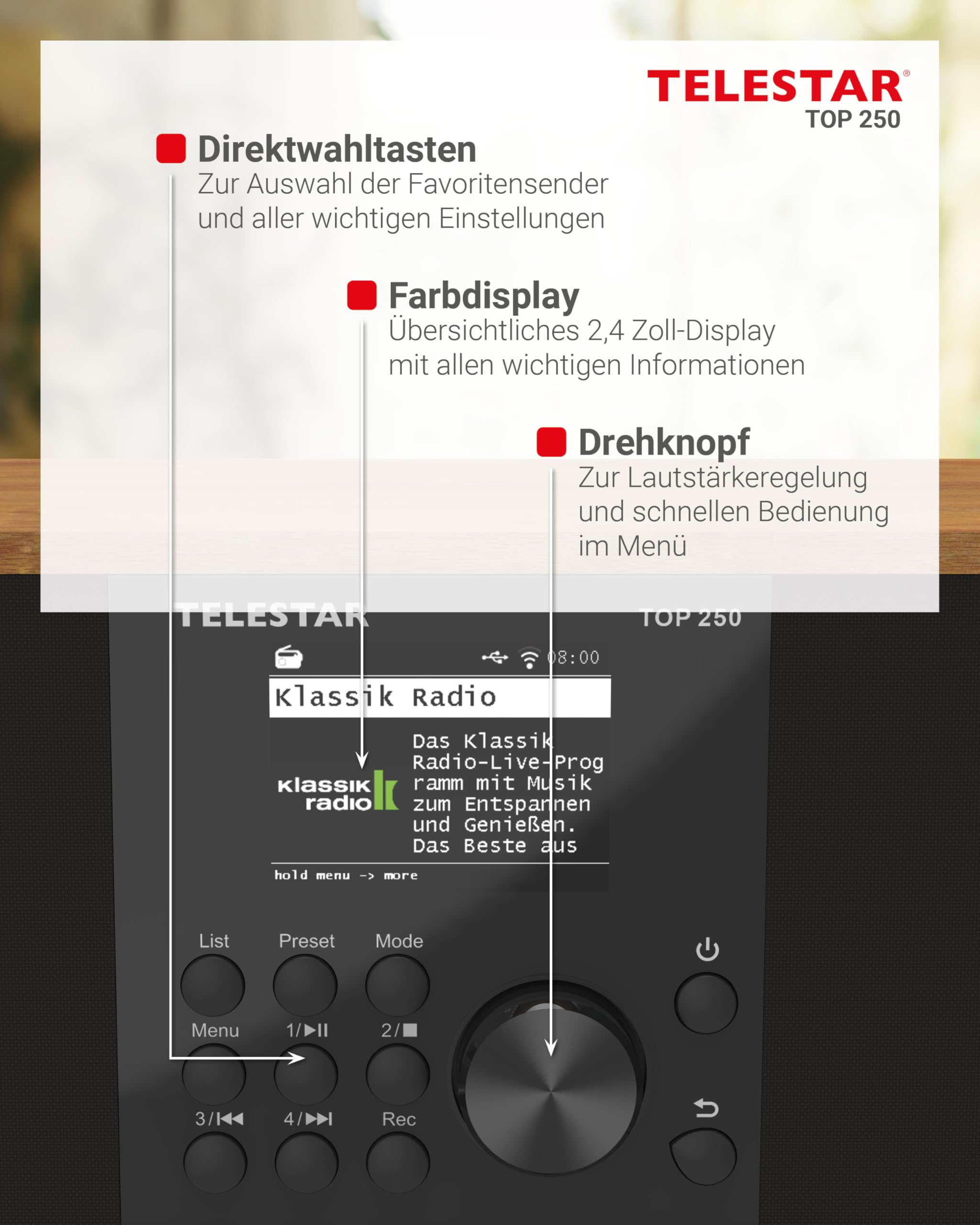 TELESTAR TOP 250 – DAB+/Internetradio, Stereo – Holz | 2 × 10 Watt, Bluetooth Audio-Streaming & Sendefunktion, USB-Aufnahme, Notfallwarnsystem, App-Steuerung