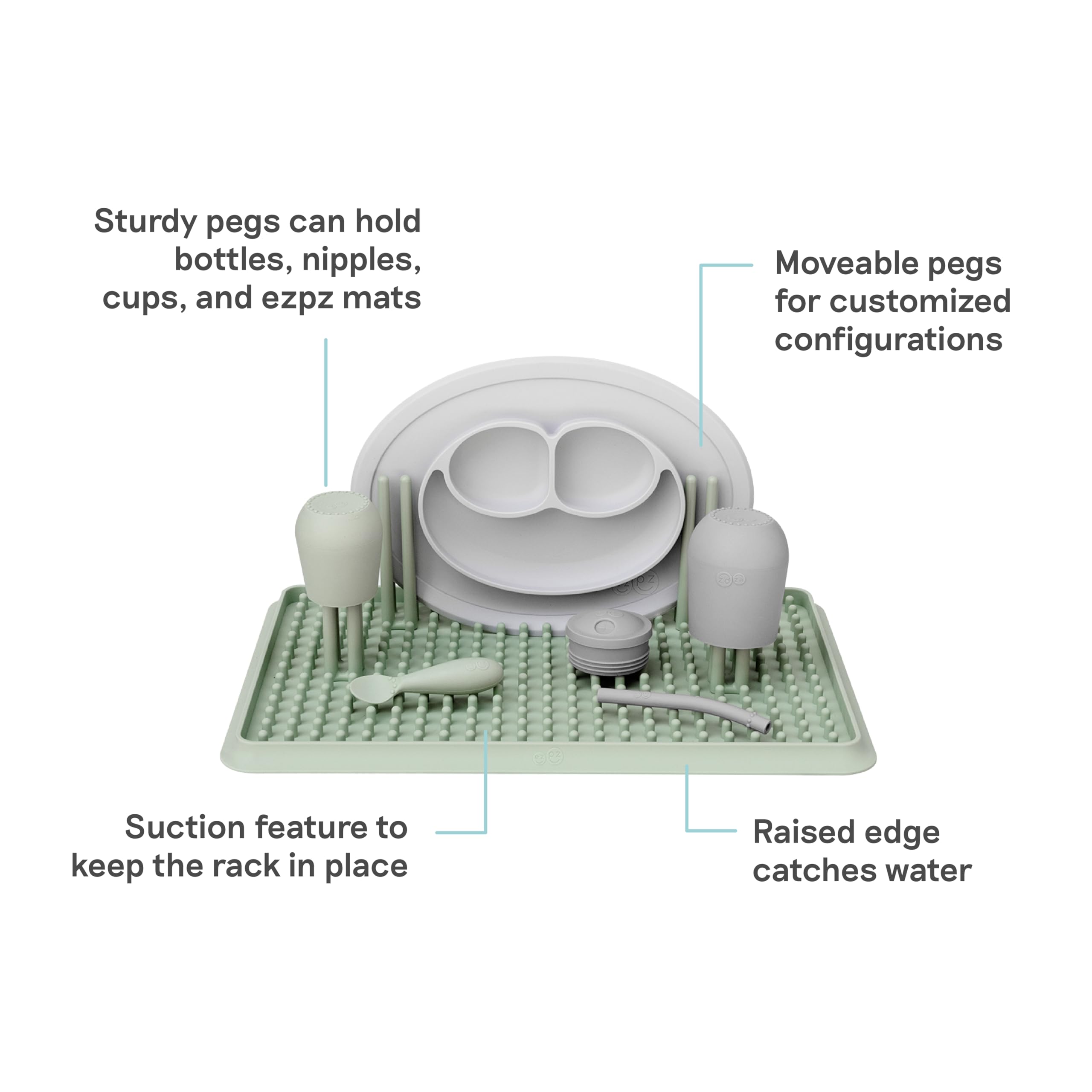 ezpz Égouttoir à vaisselle pliable 100% silicone + ventouses en place + chevilles réglables – Passe au lave-vaisselle – Durable