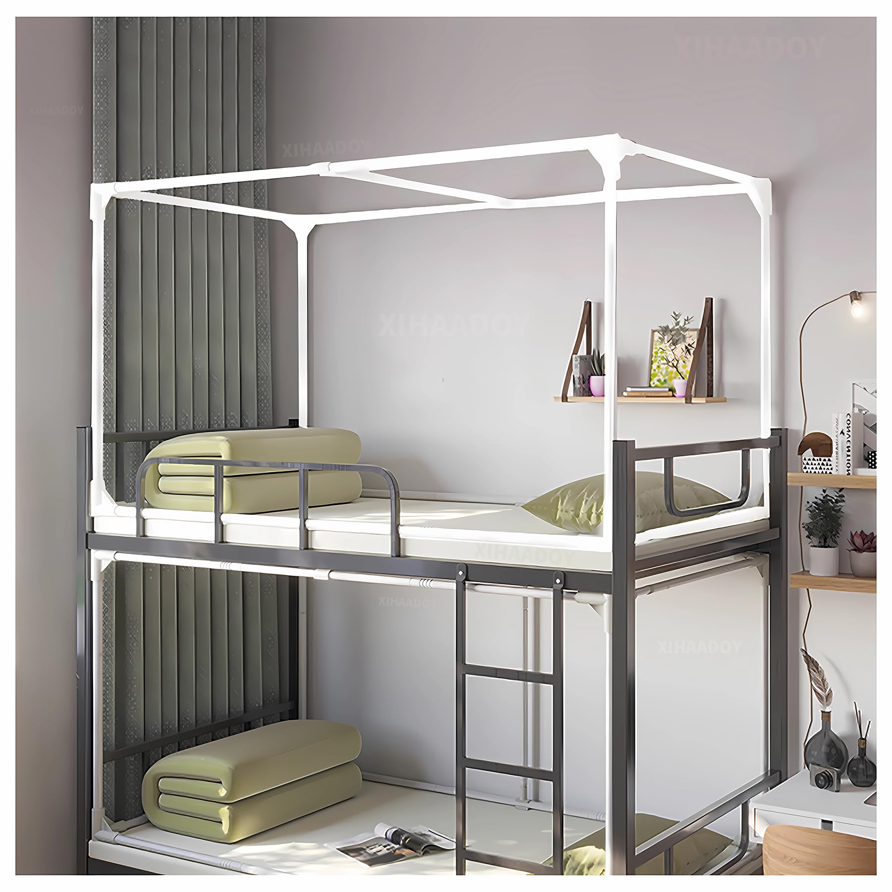 Generic Twin Canopy Bed Frame with Retractable Bunk Bed Tent - White Wrought Iron - Classic Style