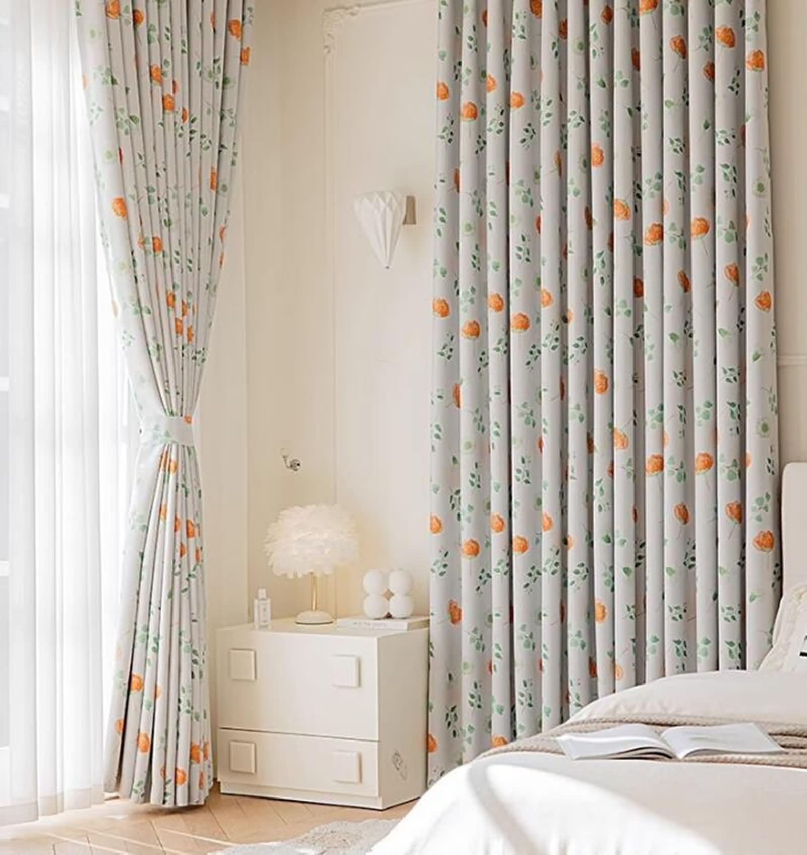 Vorhänge Verdunkelnd mit Haken 214 cm Lang, Gardinen Lichtdicht Orange Grün Blumen Blätter Muster Vorhang für Schlafzimmer Wohnzimmer Kinderzimmer 132x214 cm(B×H), 2er Set